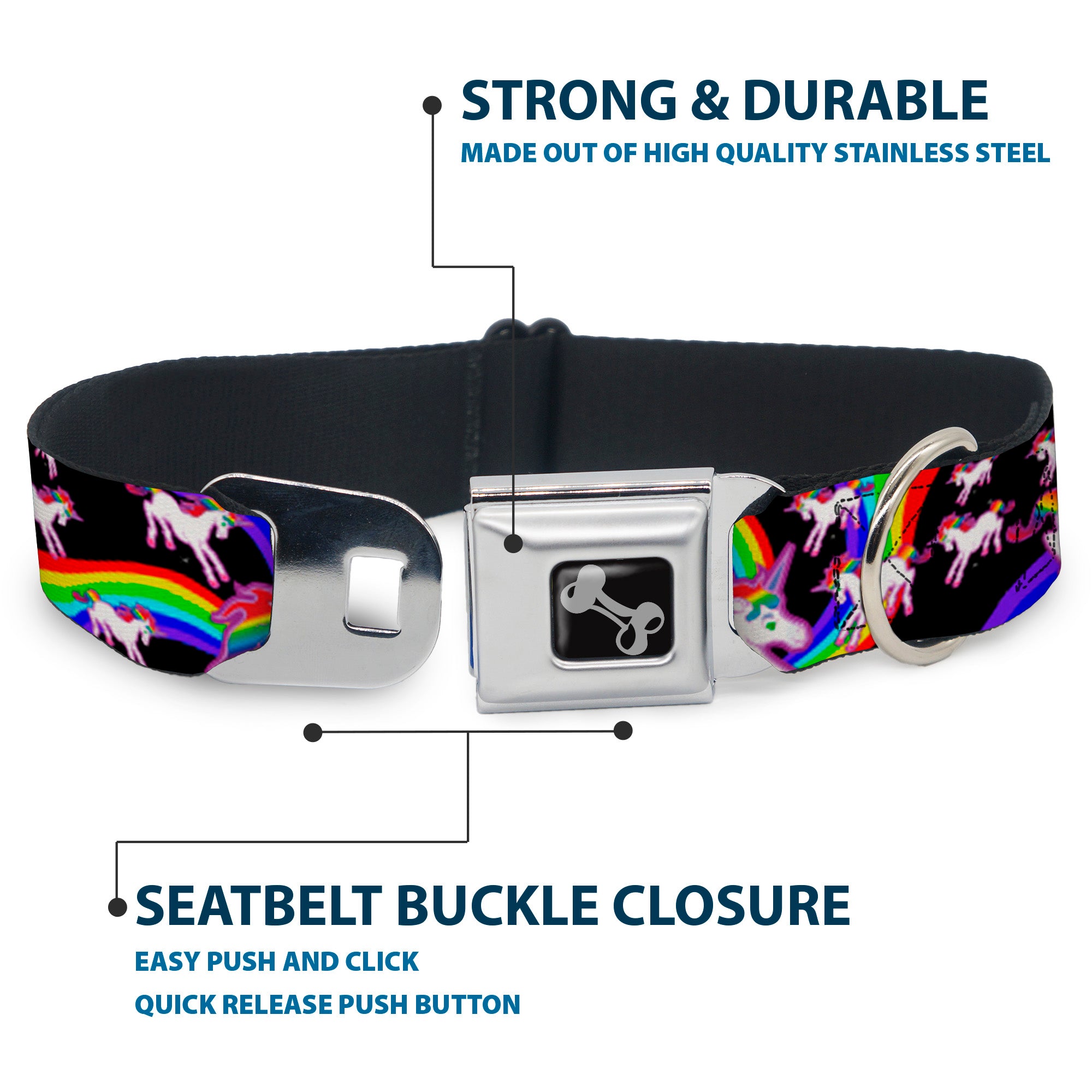 Dog Bone Seatbelt Buckle Collar - Unicorns/Rainbow Swirl Black Seatbelt Buckle Collars Buckle-Down
