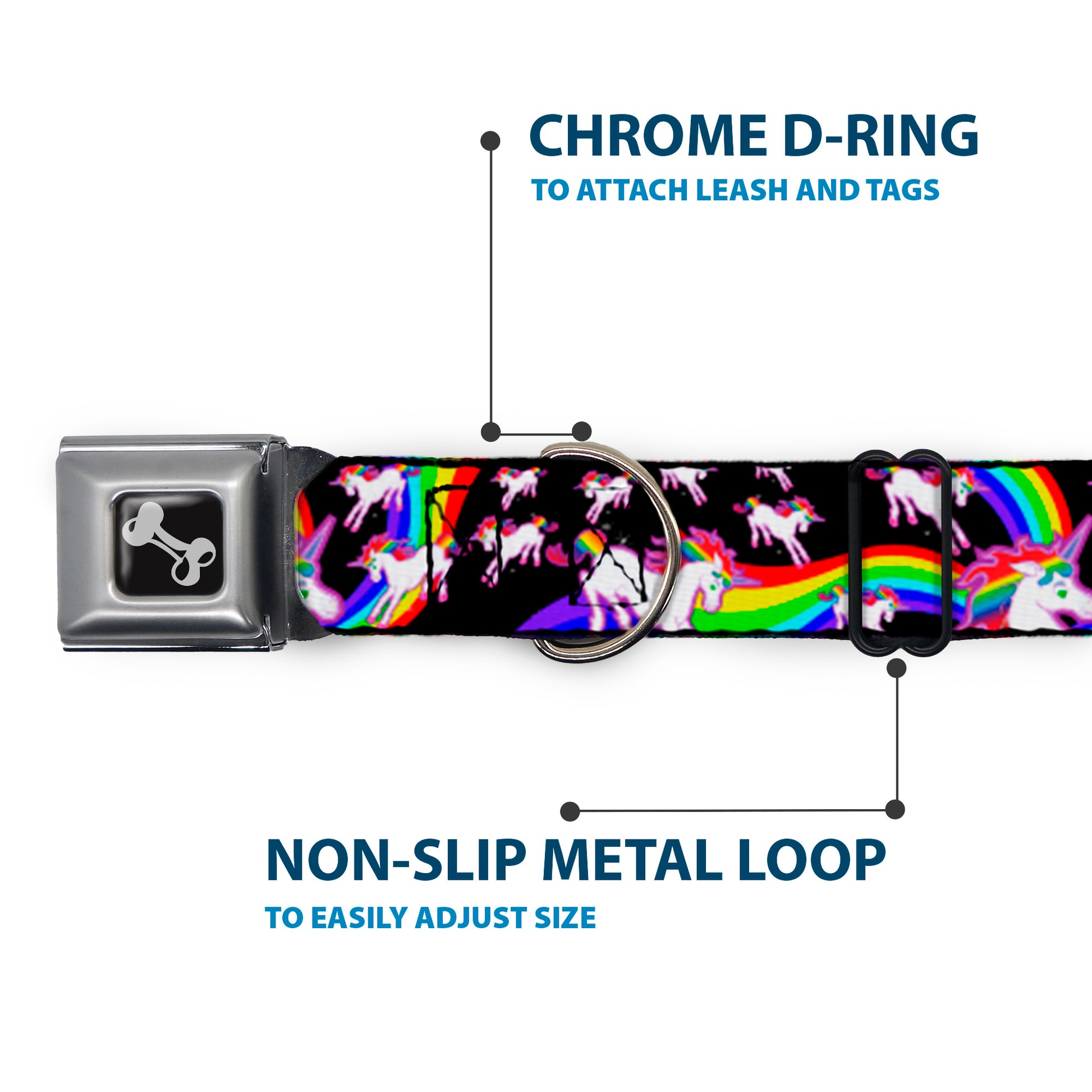 Dog Bone Seatbelt Buckle Collar - Unicorns/Rainbow Swirl Black Seatbelt Buckle Collars Buckle-Down