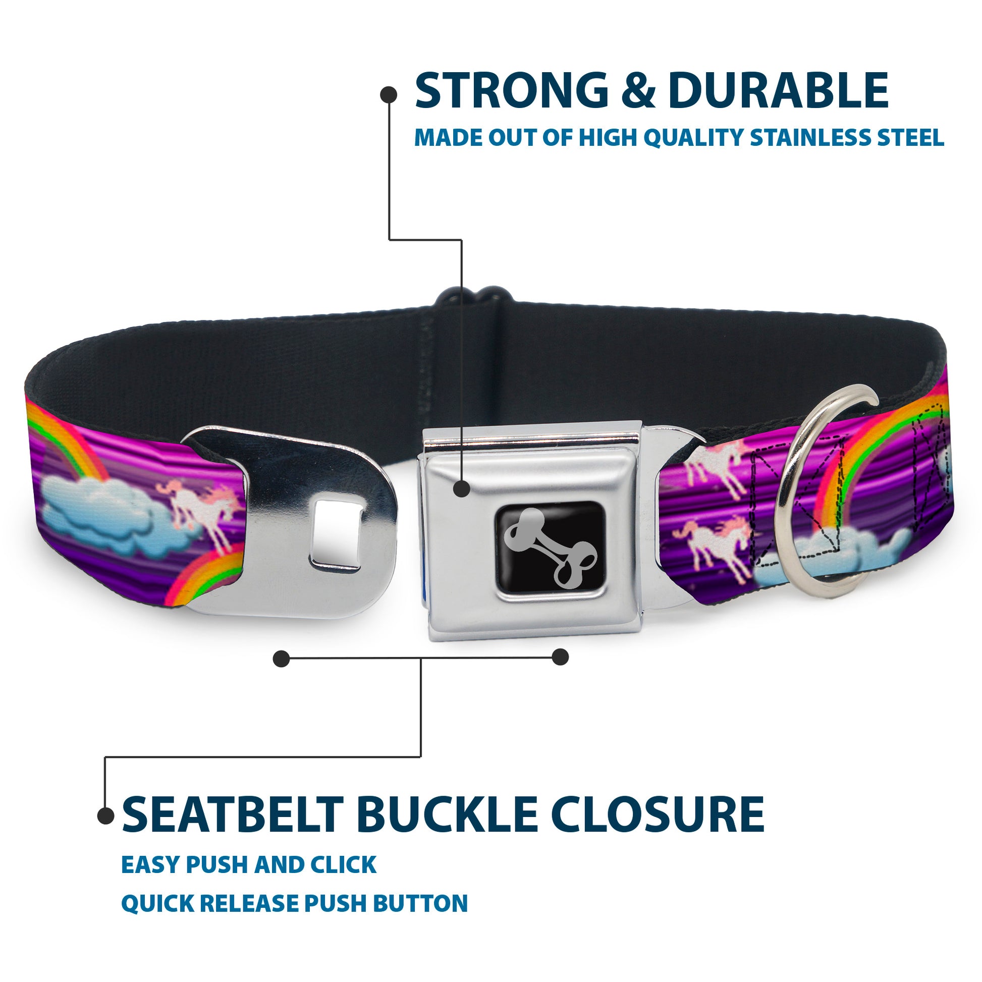 Dog Bone Seatbelt Buckle Collar - Unicorns/Rainbows w/Stripes Purple Seatbelt Buckle Collars Buckle-Down