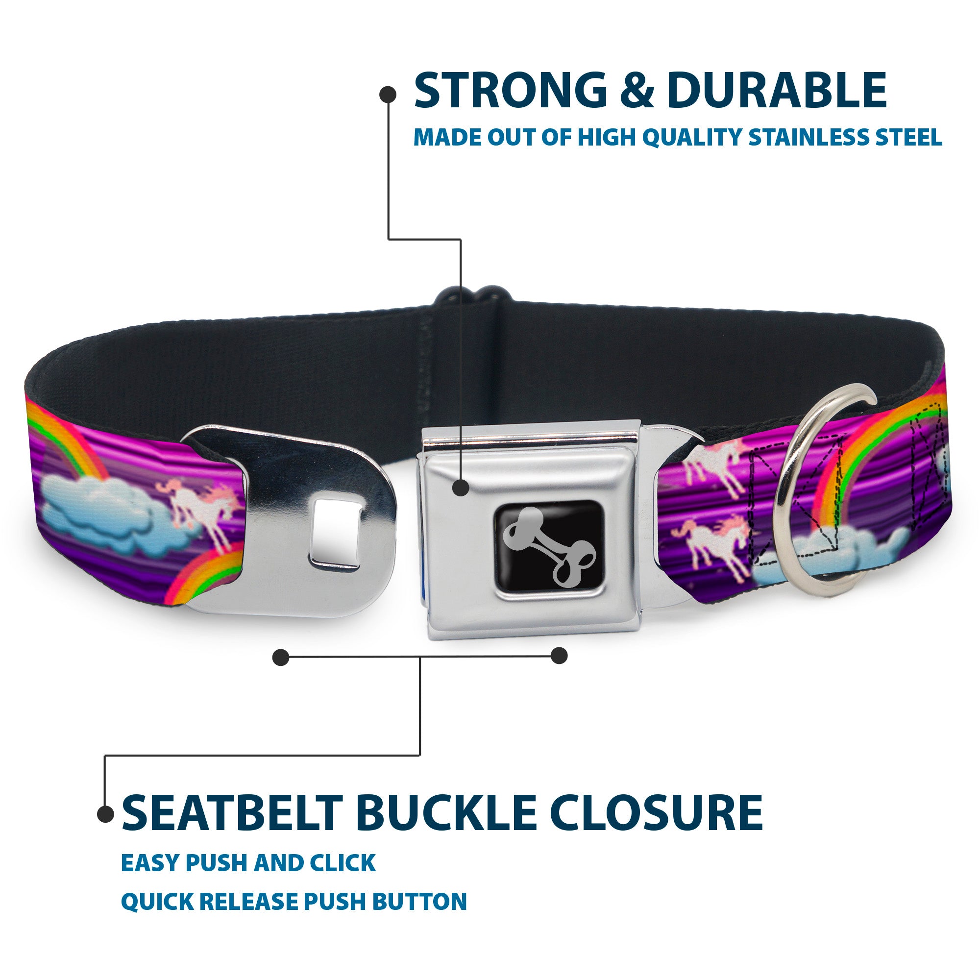 Dog Bone Seatbelt Buckle Collar - Unicorns/Rainbows w/Stripes Purple Seatbelt Buckle Collars Buckle-Down