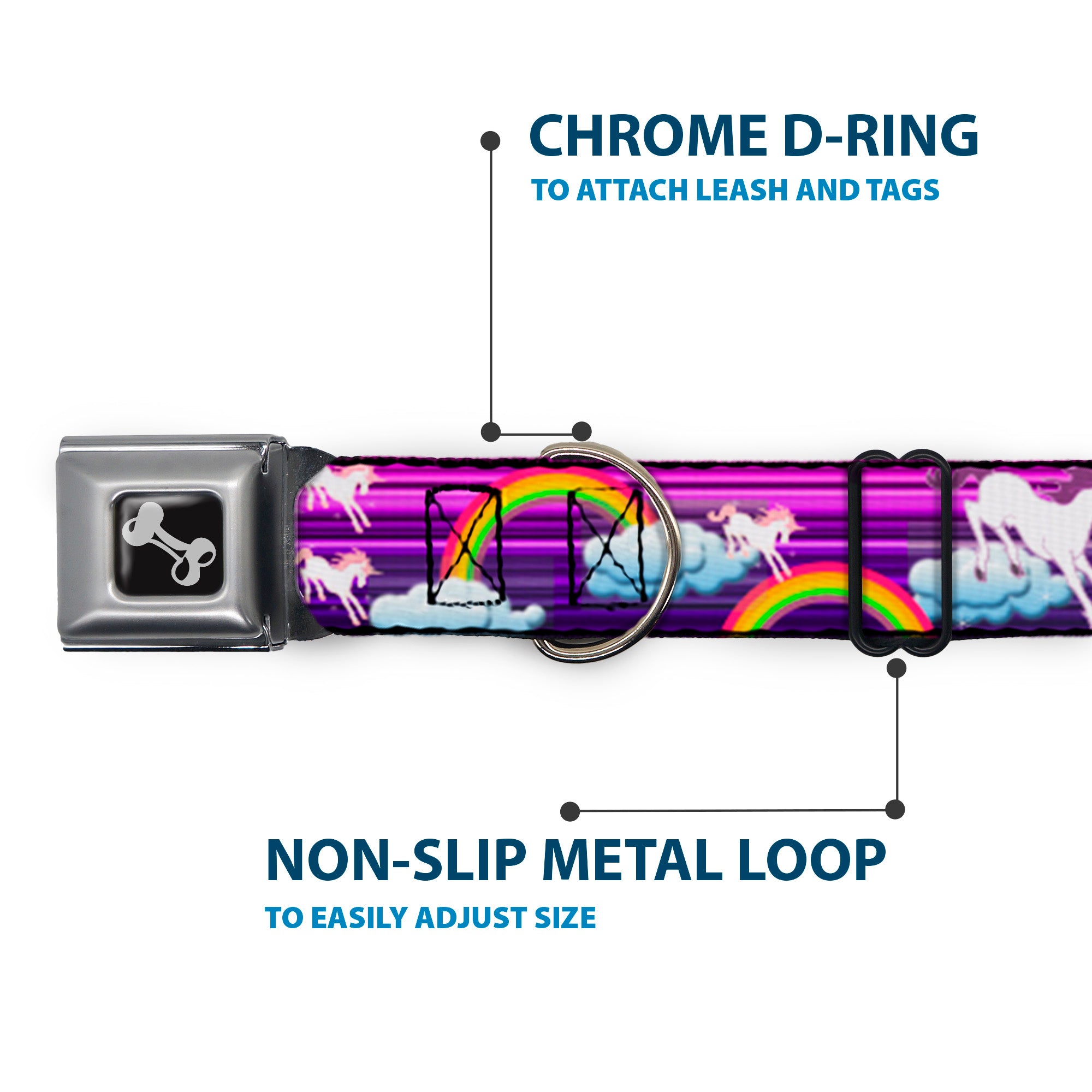 Dog Bone Seatbelt Buckle Collar - Unicorns/Rainbows w/Stripes Purple Seatbelt Buckle Collars Buckle-Down