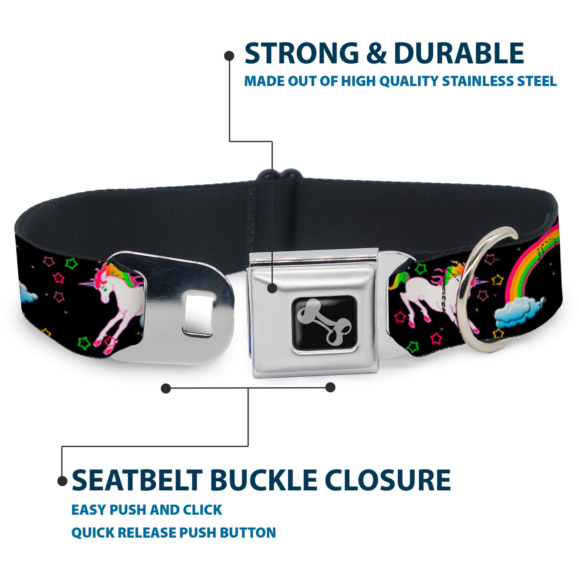 Dog Bone Seatbelt Buckle Collar - Unicorns/Rainbows/Stars Black Seatbelt Buckle Collars Buckle-Down