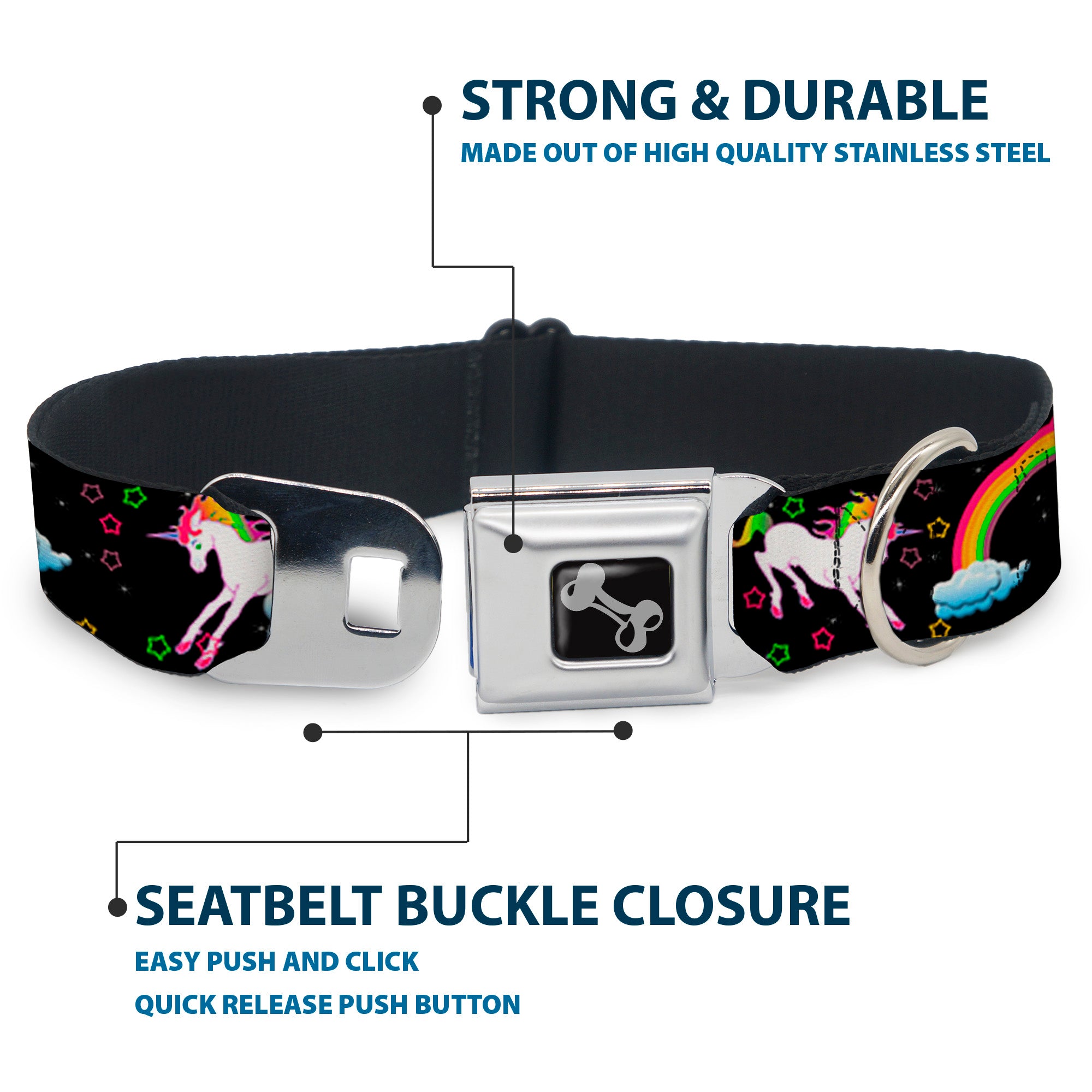 Dog Bone Seatbelt Buckle Collar - Unicorns/Rainbows/Stars Black Seatbelt Buckle Collars Buckle-Down