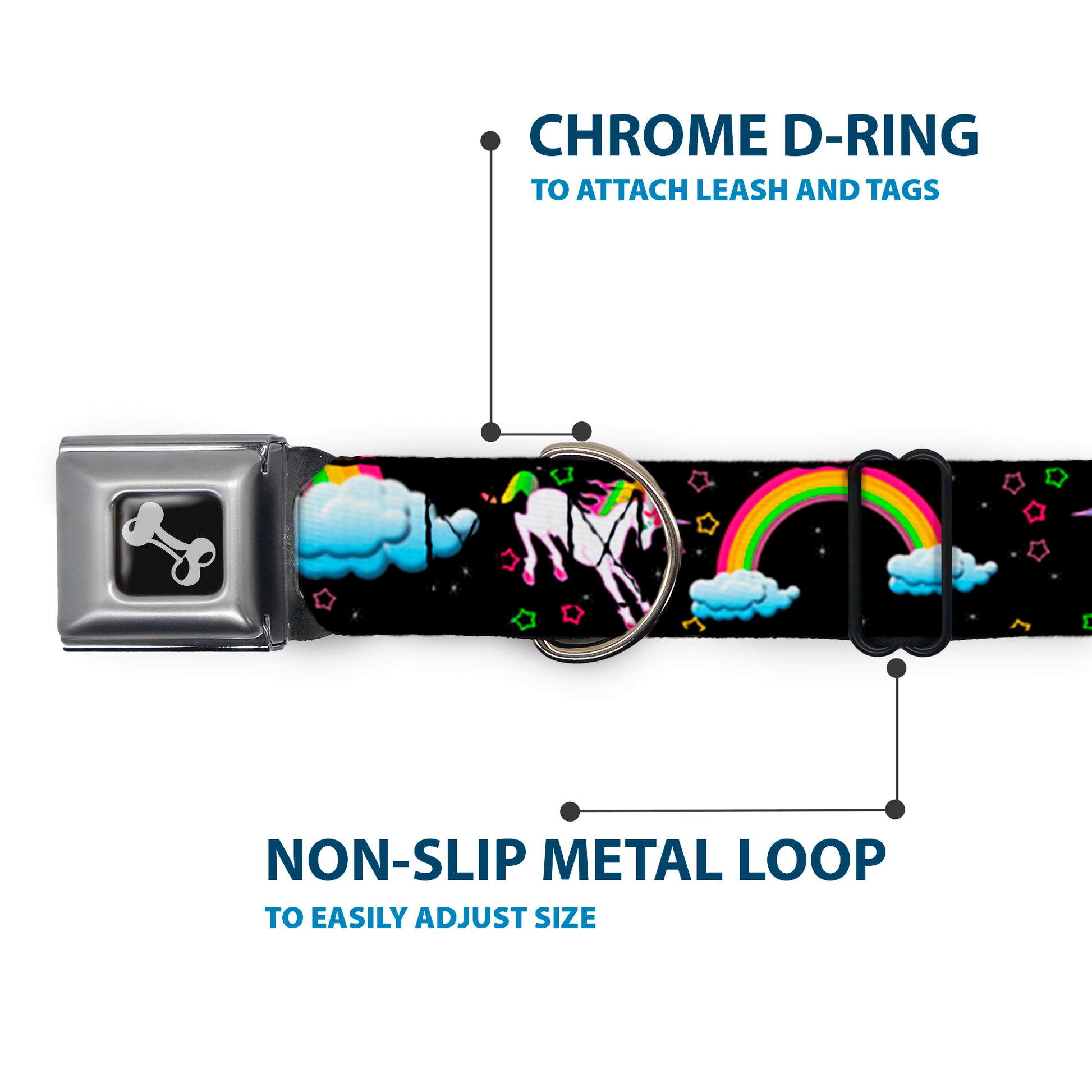 Dog Bone Seatbelt Buckle Collar - Unicorns/Rainbows/Stars Black Seatbelt Buckle Collars Buckle-Down