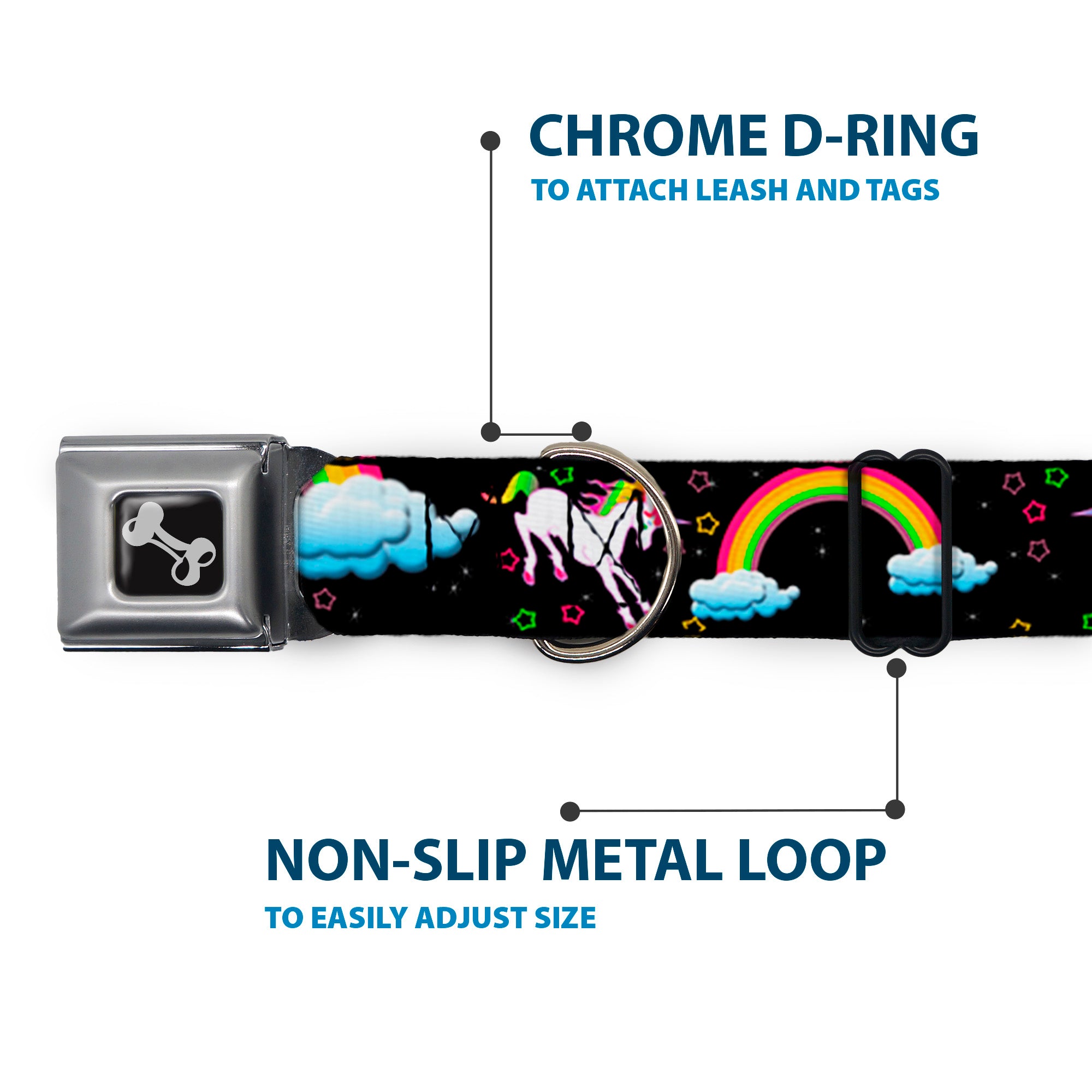Dog Bone Seatbelt Buckle Collar - Unicorns/Rainbows/Stars Black Seatbelt Buckle Collars Buckle-Down