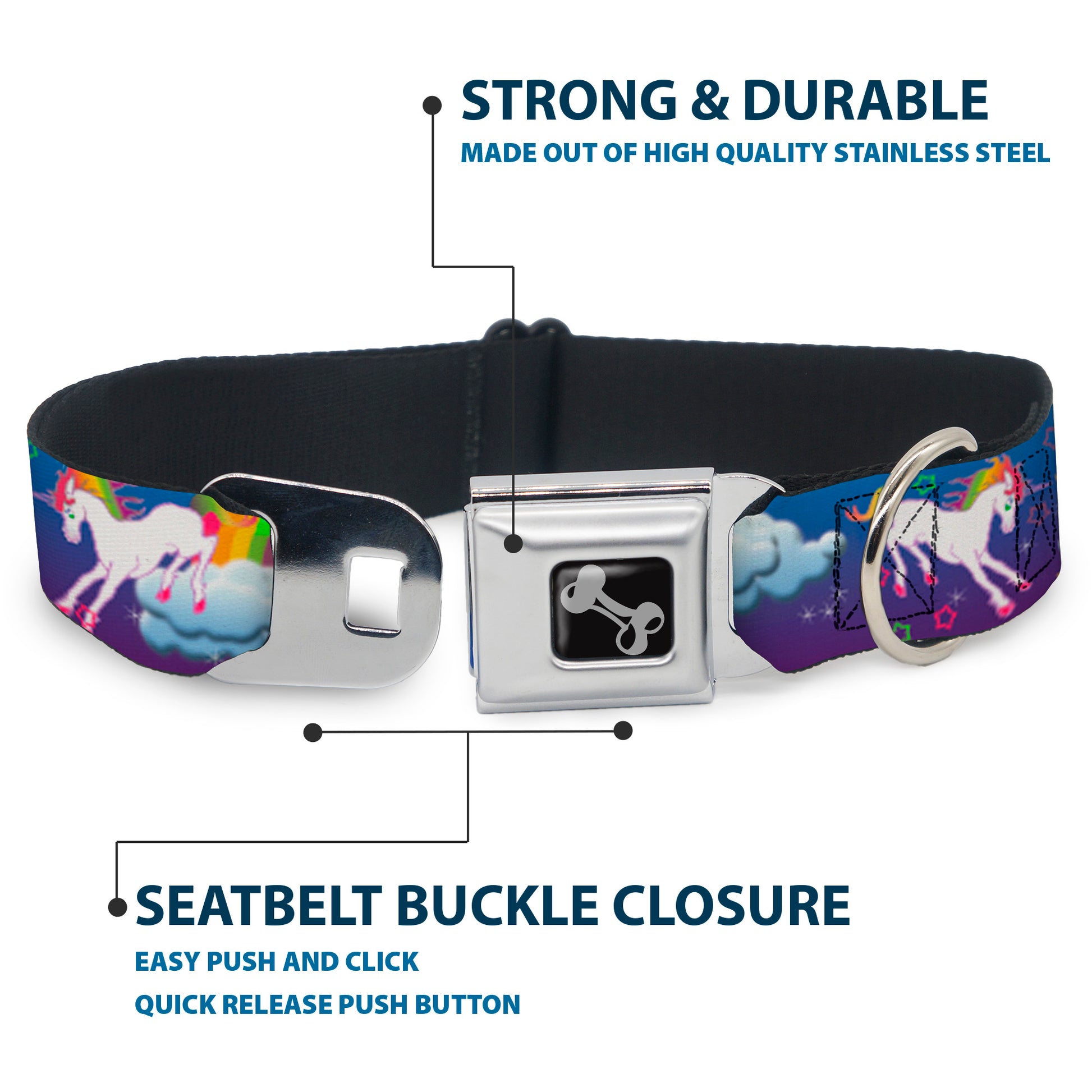 Dog Bone Seatbelt Buckle Collar - Unicorns/Rainbows/Stars Blue/Purple Seatbelt Buckle Collars Buckle-Down