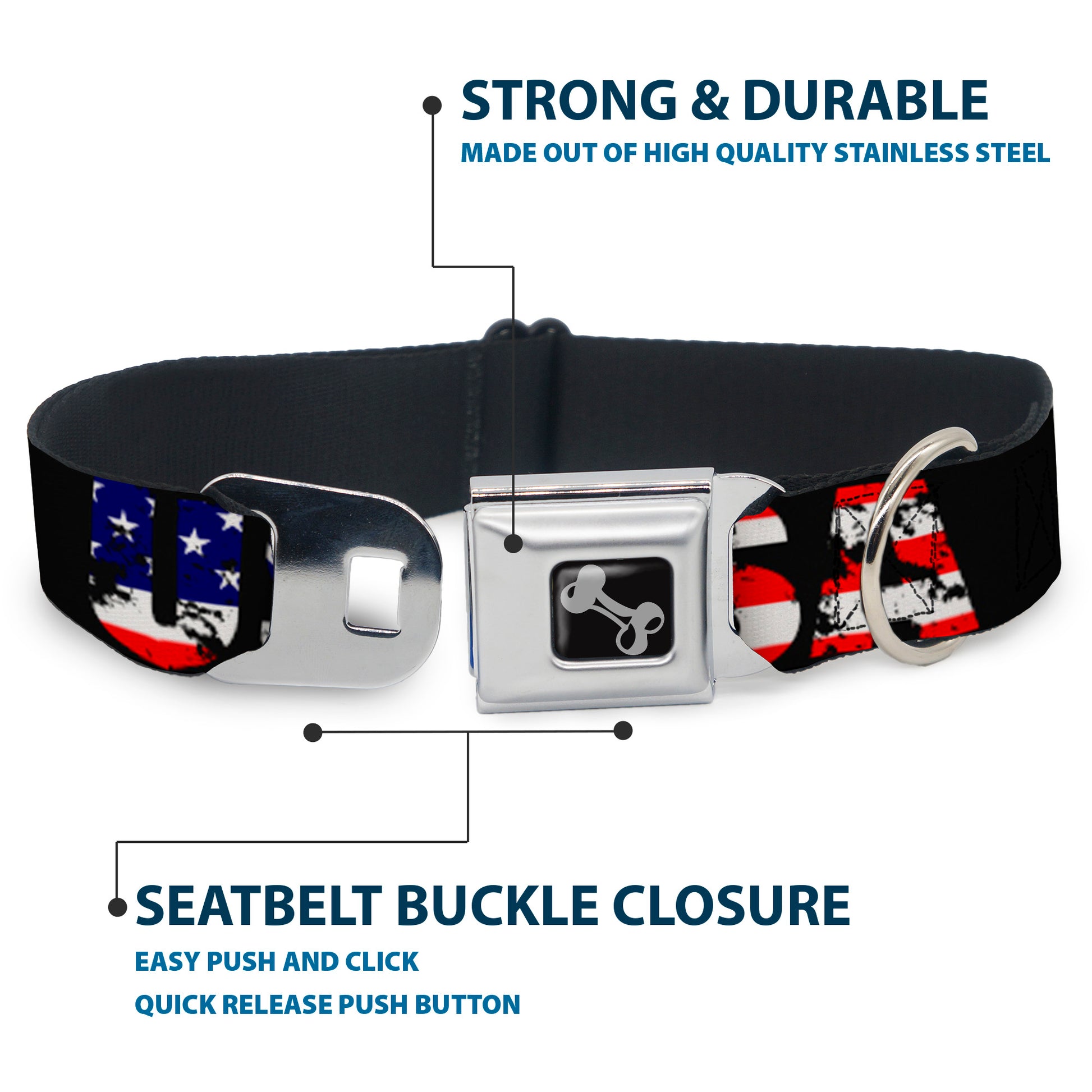 Dog Bone Seatbelt Buckle Collar - USA w/Star Black/US Flags Seatbelt Buckle Collars Buckle-Down
