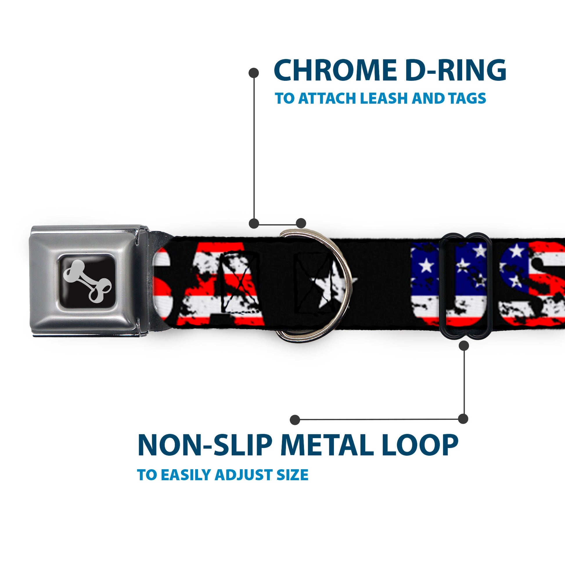 Dog Bone Seatbelt Buckle Collar - USA w/Star Black/US Flags Seatbelt Buckle Collars Buckle-Down