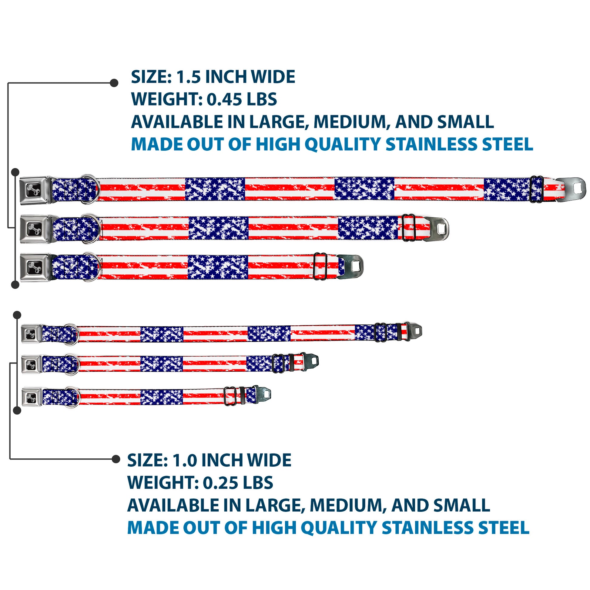 Dog Bone Seatbelt Buckle Collar - United States Flags CLOSE-UP Weathered Seatbelt Buckle Collars Buckle-Down