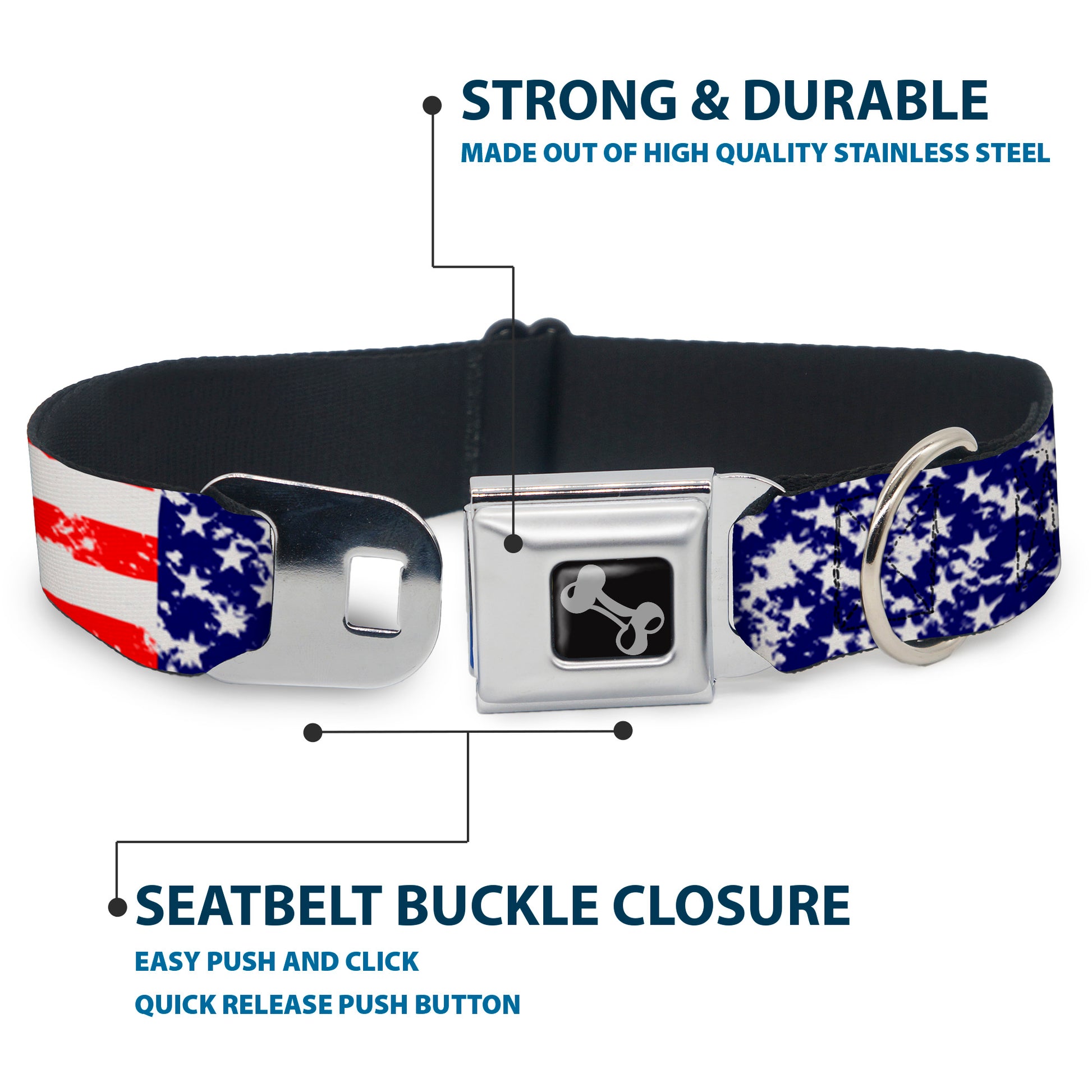 Dog Bone Seatbelt Buckle Collar - United States Flags CLOSE-UP Weathered Seatbelt Buckle Collars Buckle-Down