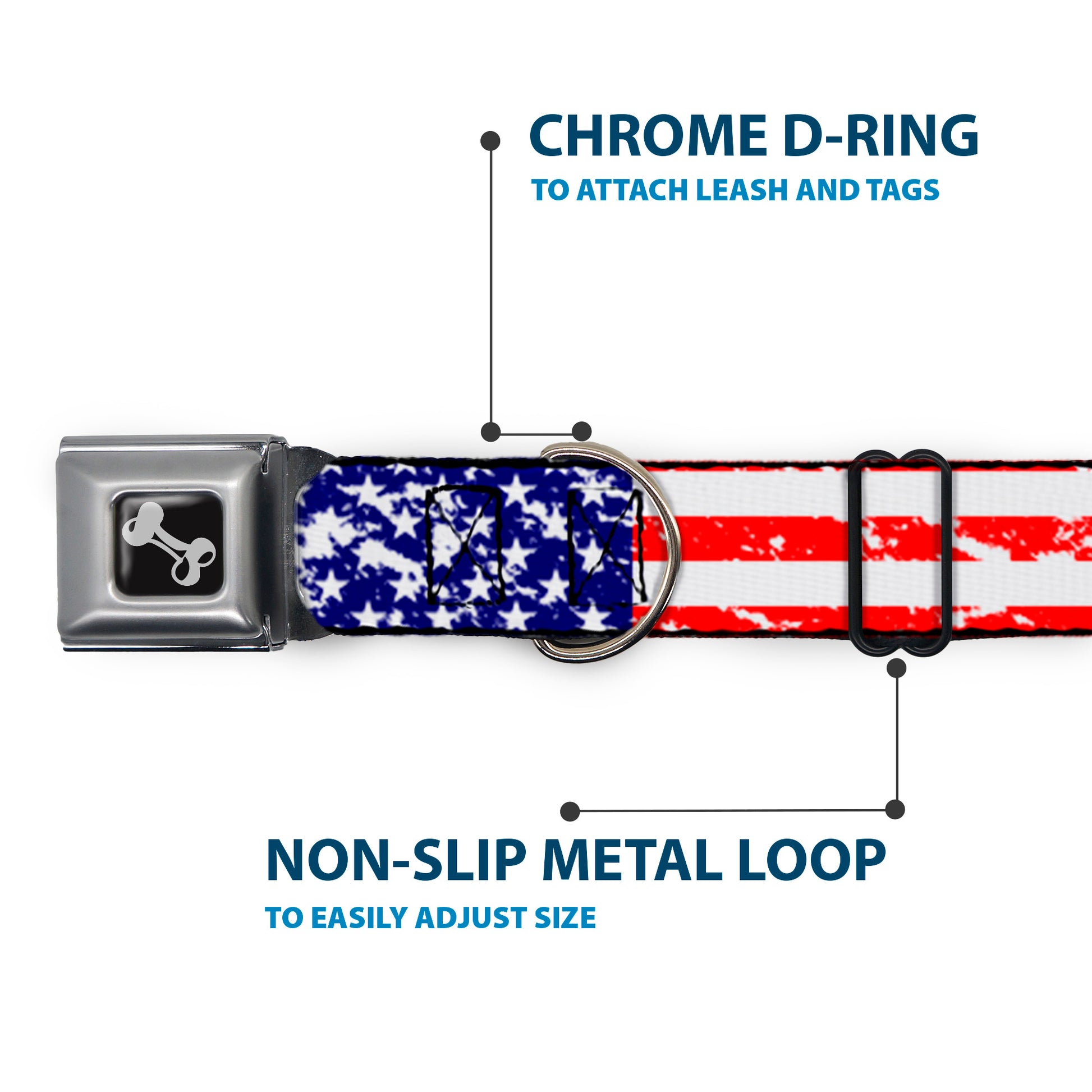 Dog Bone Seatbelt Buckle Collar - United States Flags CLOSE-UP Weathered Seatbelt Buckle Collars Buckle-Down