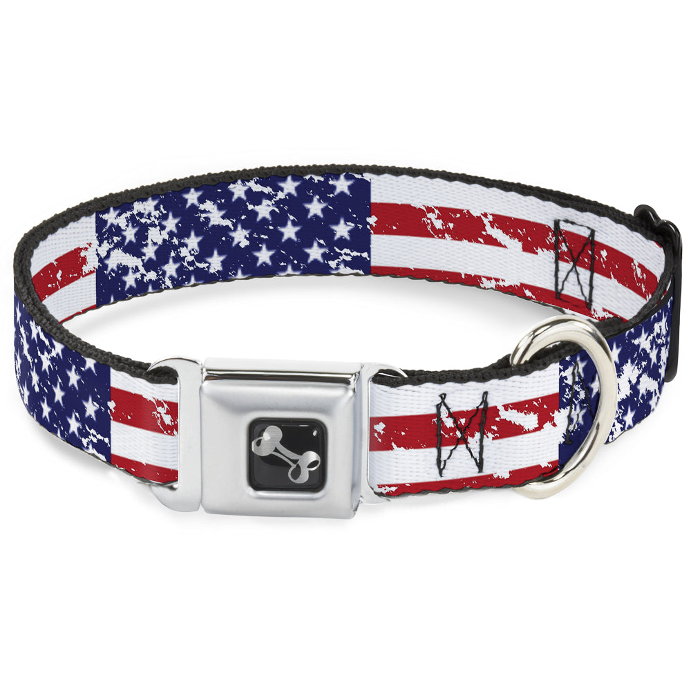 Dog Bone Seatbelt Buckle Collar - United States Flags CLOSE-UP Weathered Seatbelt Buckle Collars Buckle-Down