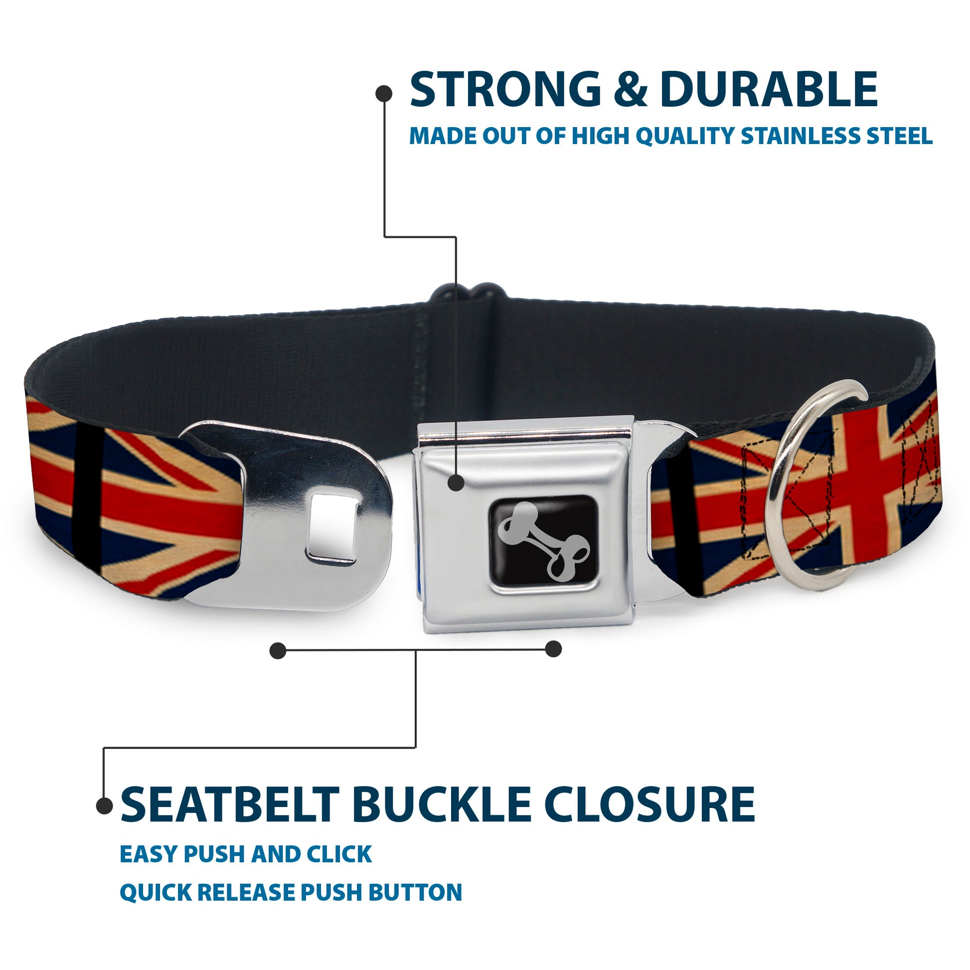 Dog Bone Black/Silver Seatbelt Buckle Collar - United Kingdom Flags Vintage Black Seatbelt Buckle Collars Buckle-Down
