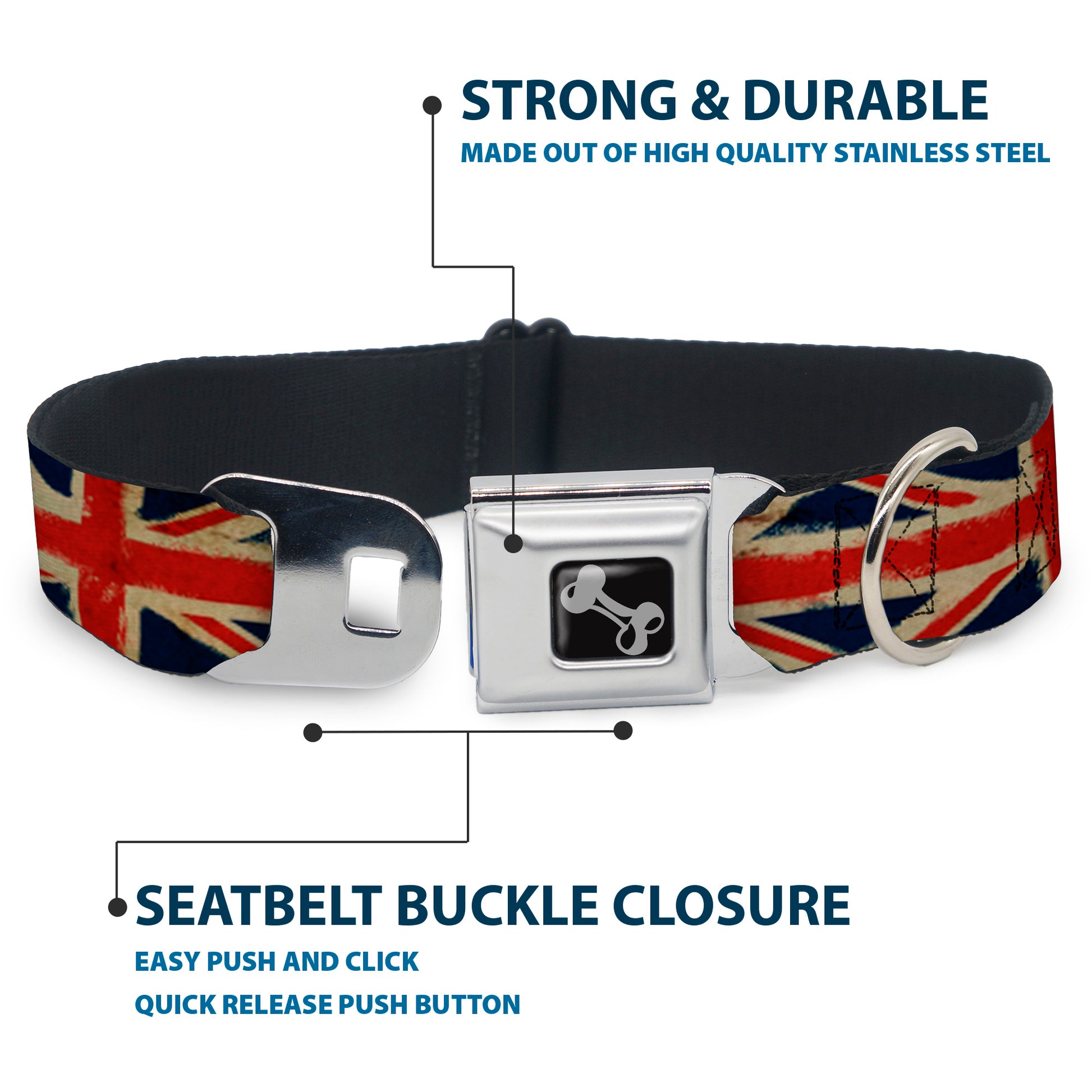 Dog Bone Seatbelt Buckle Collar - United Kingdom Flags Distressed Painting Seatbelt Buckle Collars Buckle-Down
