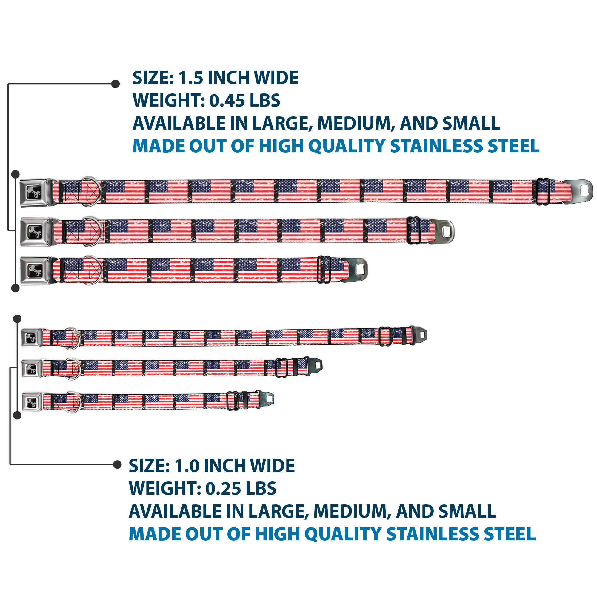 Dog Bone Seatbelt Buckle Collar - United States Flags Weathered/Black Seatbelt Buckle Collars Buckle-Down