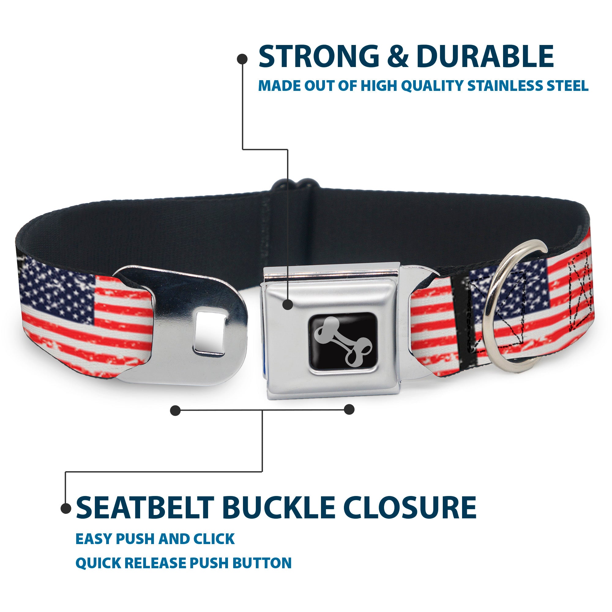 Dog Bone Seatbelt Buckle Collar - United States Flags Weathered/Black Seatbelt Buckle Collars Buckle-Down