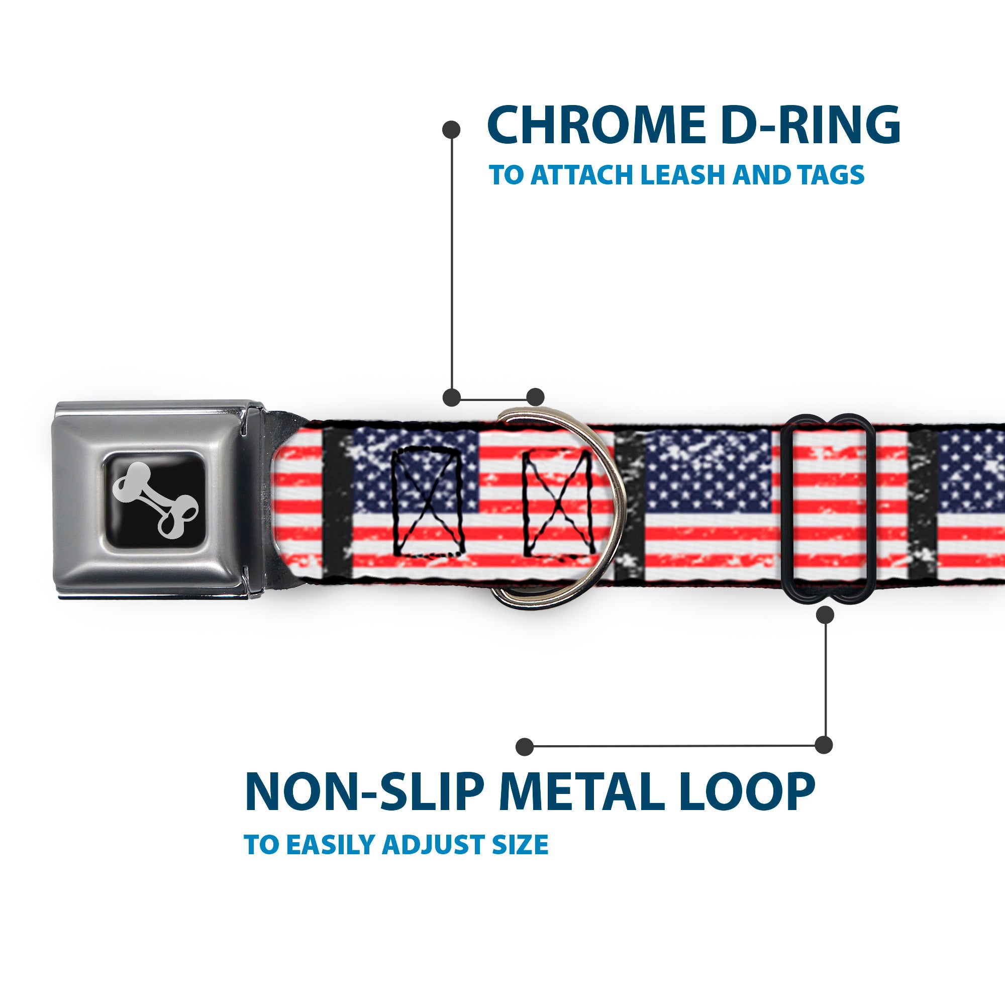 Dog Bone Seatbelt Buckle Collar - United States Flags Weathered/Black Seatbelt Buckle Collars Buckle-Down