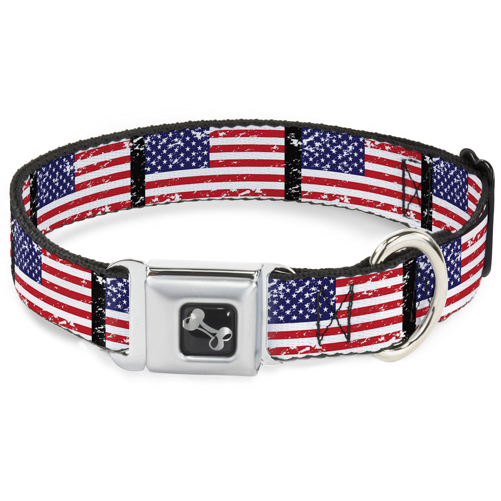 Dog Bone Seatbelt Buckle Collar - United States Flags Weathered/Black Seatbelt Buckle Collars Buckle-Down