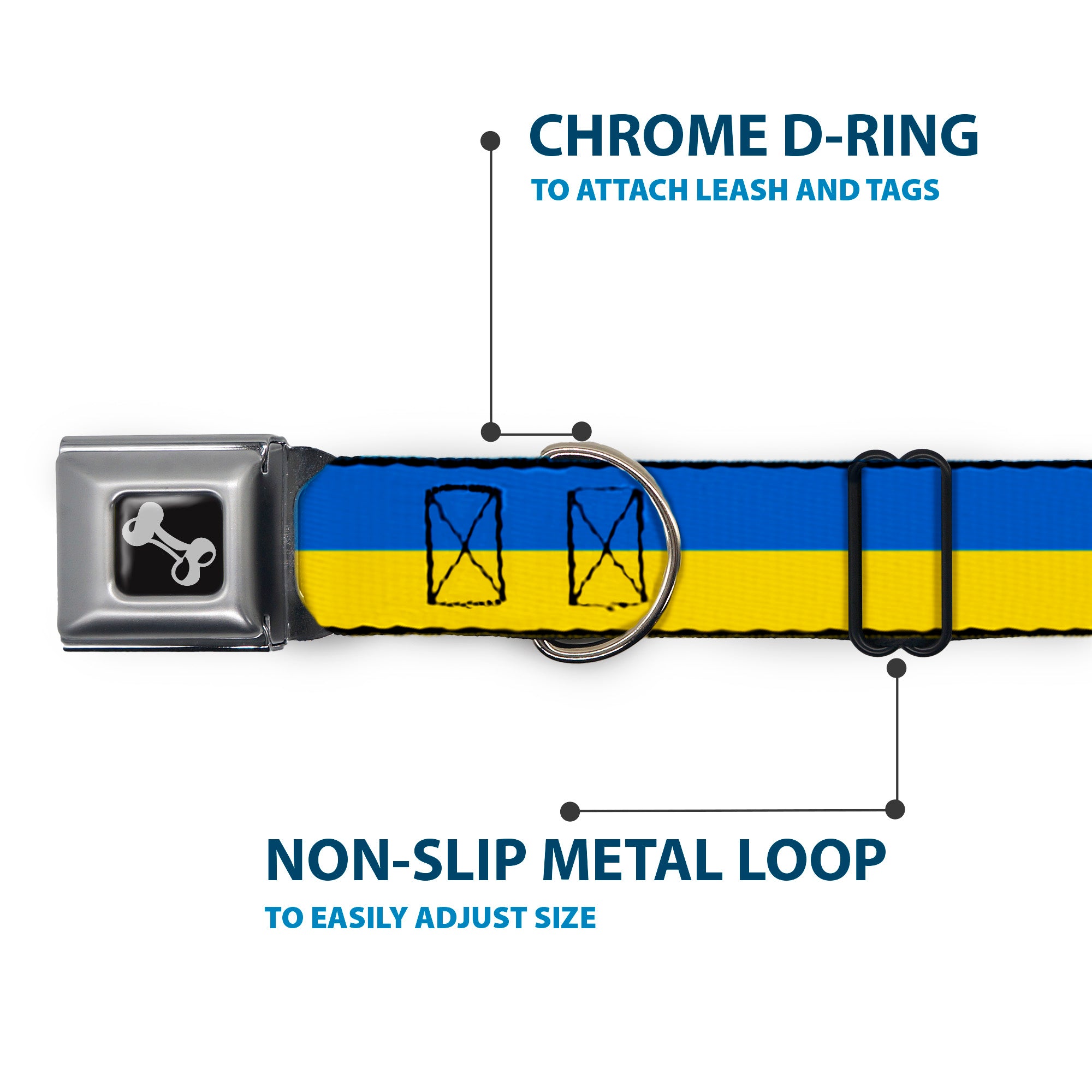 Dog Bone Black/Silver Seatbelt Buckle Collar - Ukraine Flag Continuous Seatbelt Buckle Collars Buckle-Down