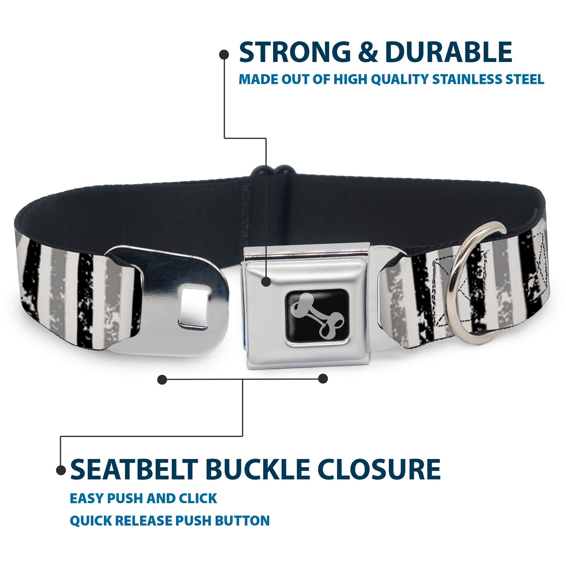 Dog Bone Seatbelt Buckle Collar - Vertical Stripes White/Black/Gray Seatbelt Buckle Collars Buckle-Down