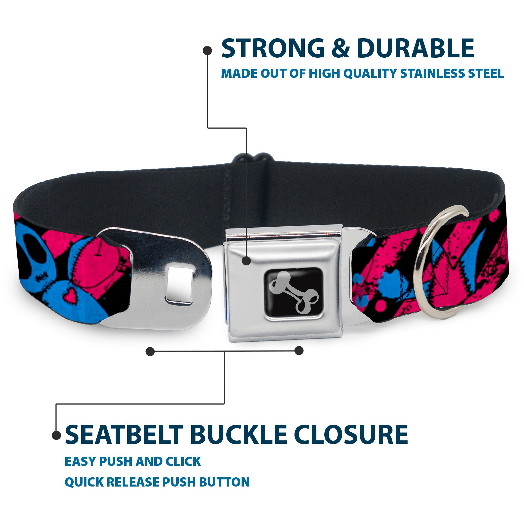 Dog Bone Seatbelt Buckle Collar - Voodoo Black/Pink/Blue Seatbelt Buckle Collars Buckle-Down