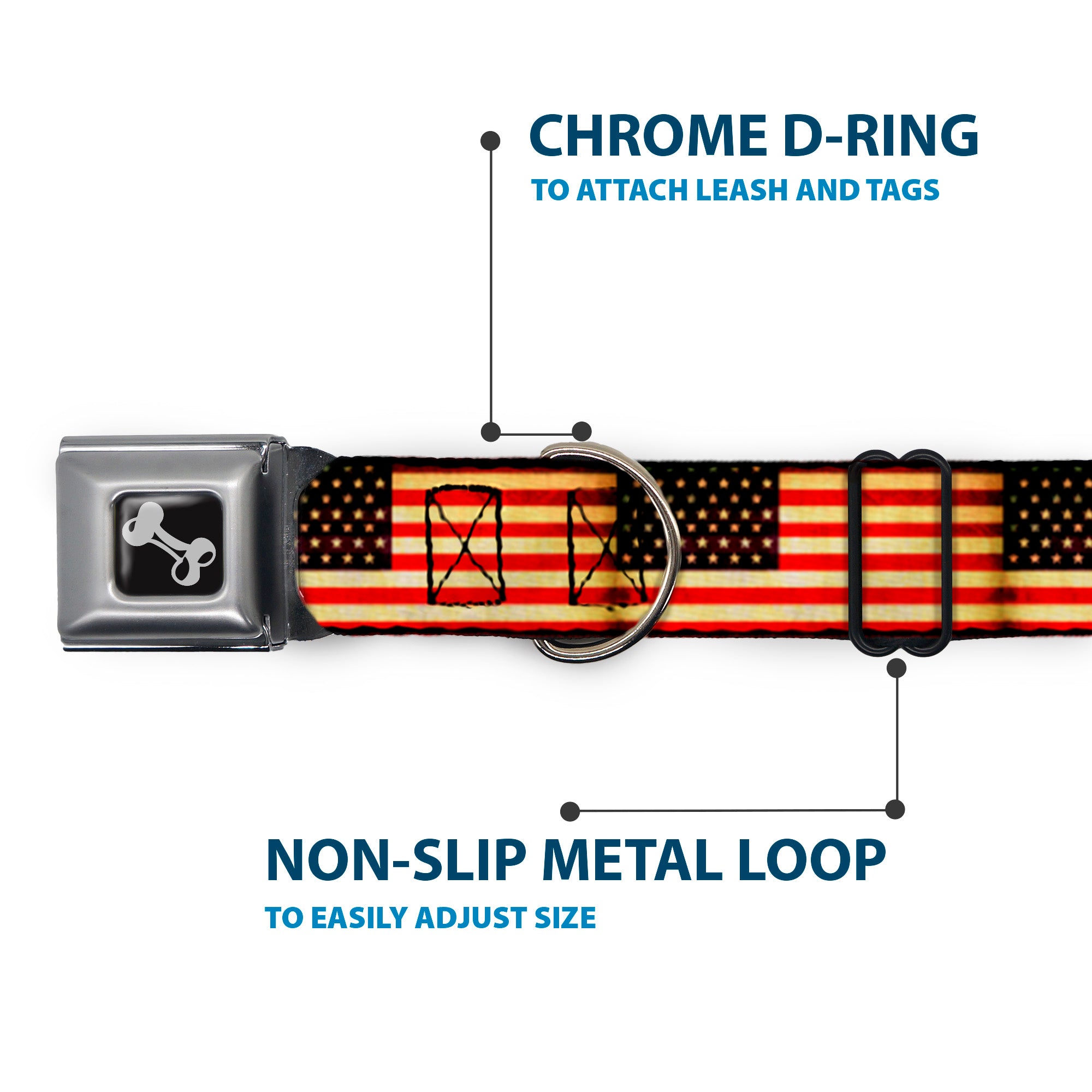 Dog Bone Seatbelt Buckle Collar - Vintage US Flag Repeat Seatbelt Buckle Collars Buckle-Down