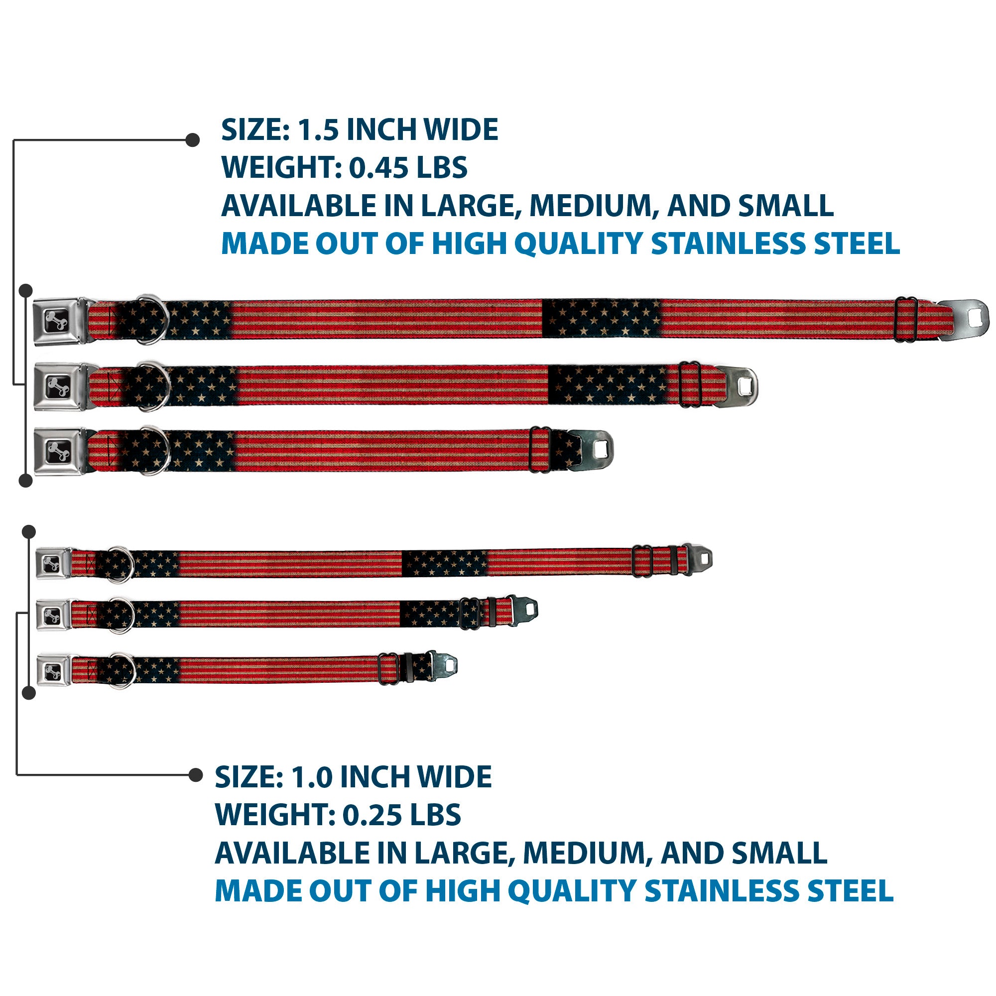 Dog Bone Seatbelt Buckle Collar - Vintage US Flag Stretch Seatbelt Buckle Collars Buckle-Down