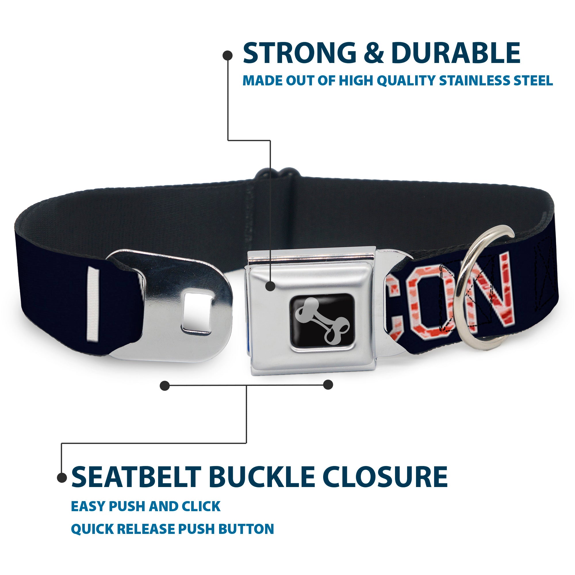 Dog Bone Seatbelt Buckle Collar - VOTE FOR BACON Black/White/Bacon Seatbelt Buckle Collars Buckle-Down