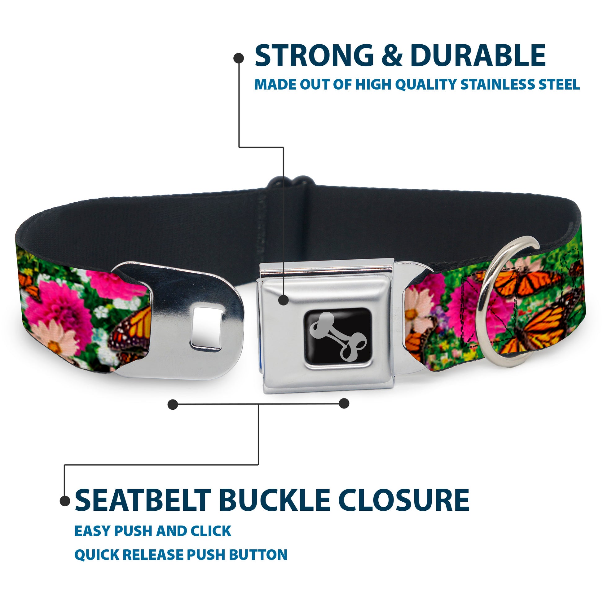 Dog Bone Seatbelt Buckle Collar - Vivid Monarch Butterfly Garden Seatbelt Buckle Collars Buckle-Down