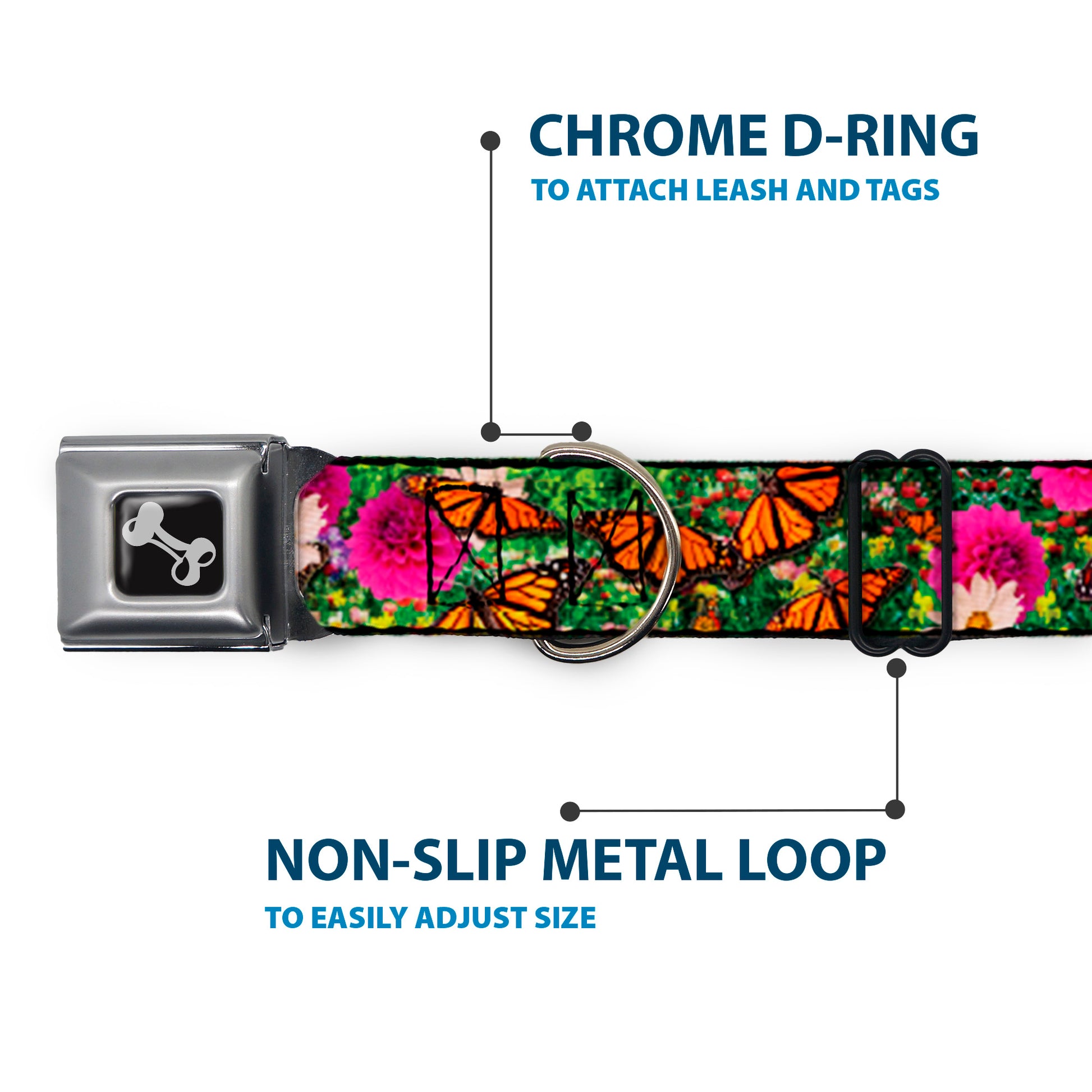 Dog Bone Seatbelt Buckle Collar - Vivid Monarch Butterfly Garden Seatbelt Buckle Collars Buckle-Down