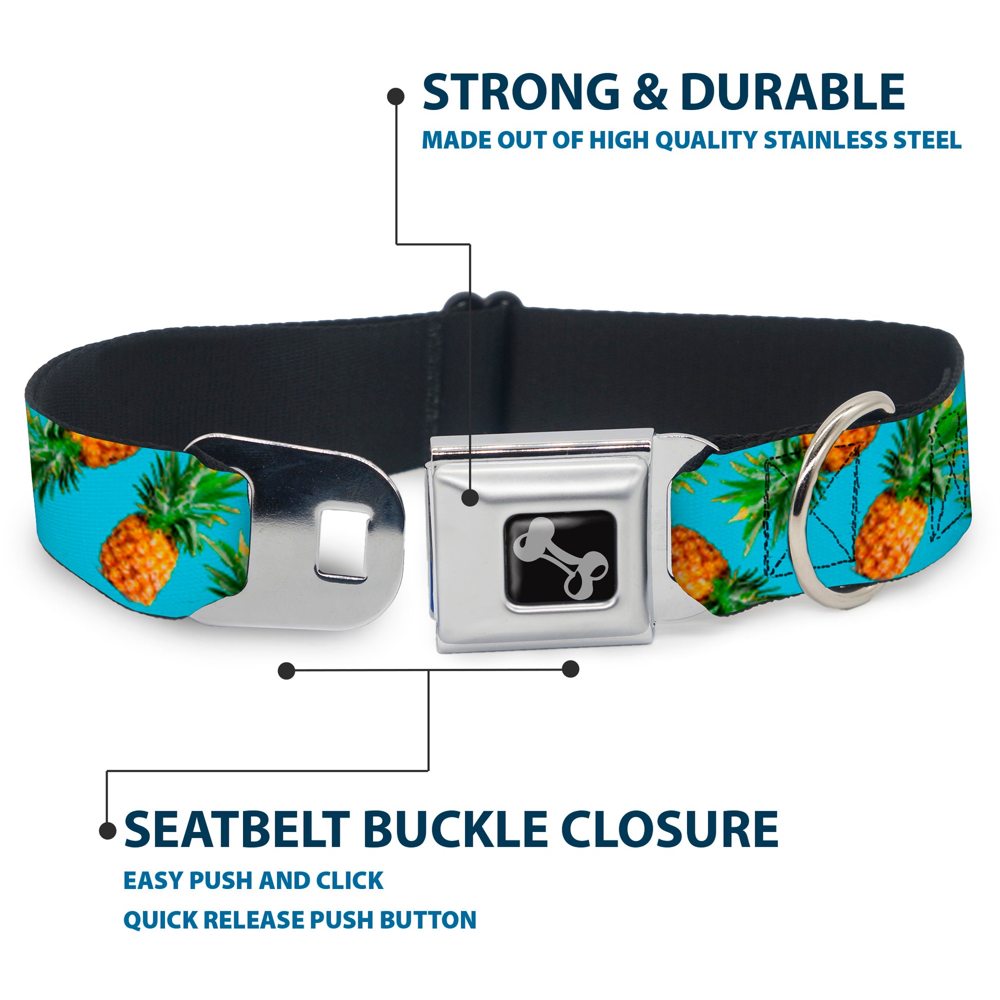 Dog Bone Seatbelt Buckle Collar - Vivid Pineapples Scattered Blue Seatbelt Buckle Collars Buckle-Down