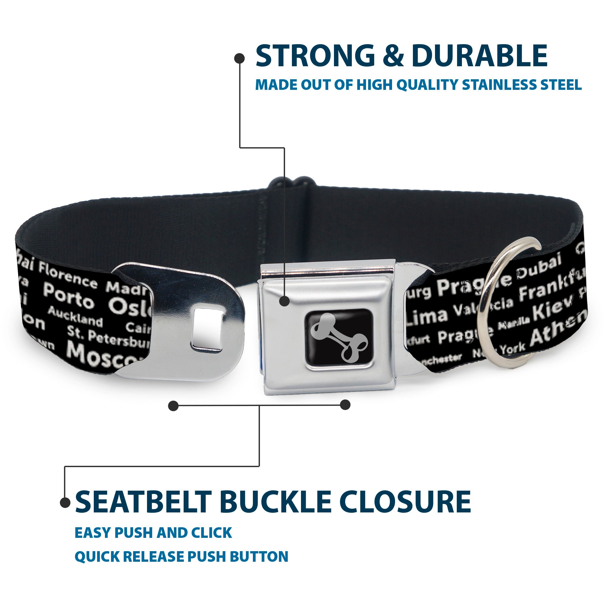 Dog Bone Seatbelt Buckle Collar - Verbiage Destination Cities Black/White Seatbelt Buckle Collars Buckle-Down