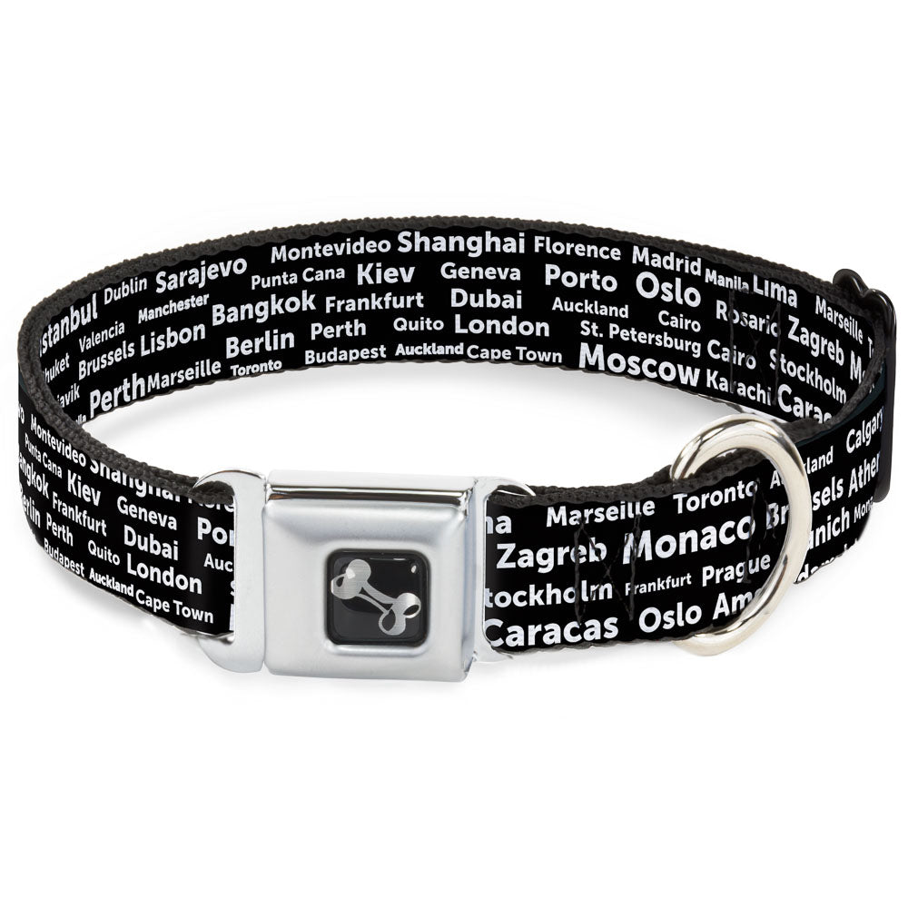 Dog Bone Seatbelt Buckle Collar - Verbiage Destination Cities Black/White Seatbelt Buckle Collars Buckle-Down
