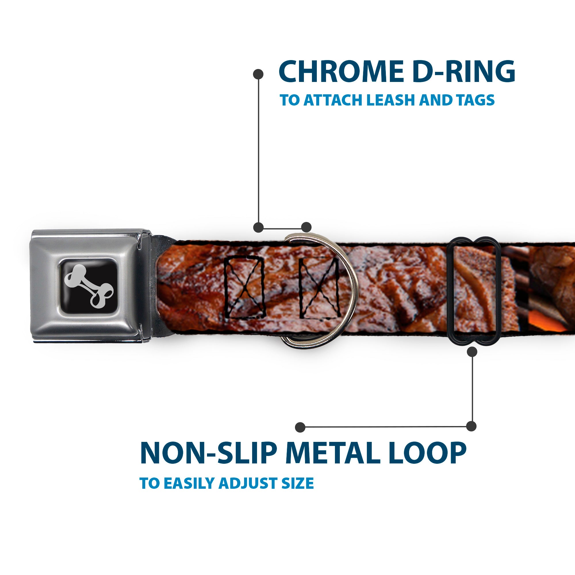 Dog Bone Black/Silver Seatbelt Buckle Collar - Vivid Grilled Steak Seatbelt Buckle Collars Buckle-Down