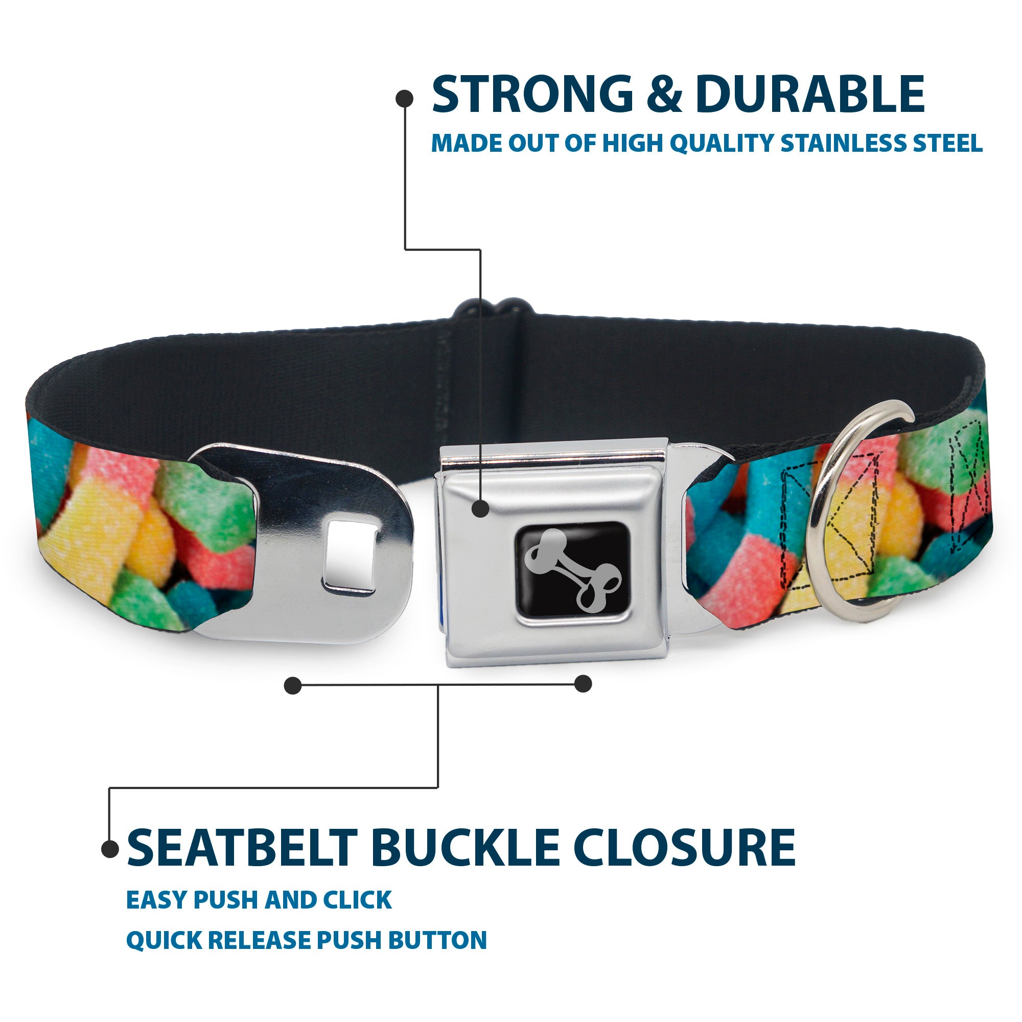 Dog Bone Black/Silver Seatbelt Buckle Collar - Vivid Sour Worms Stacked Seatbelt Buckle Collars Buckle-Down