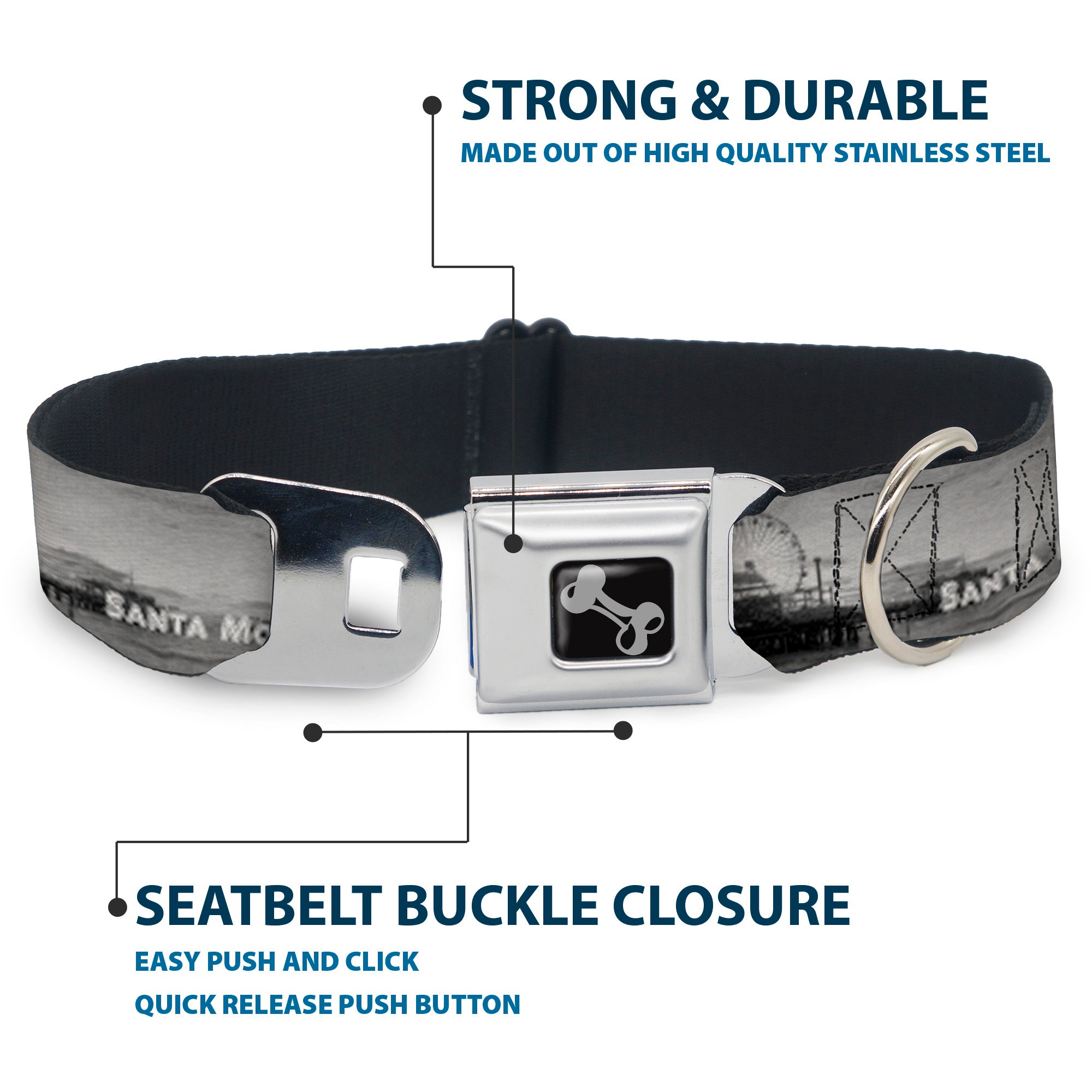 Dog Bone Seatbelt Buckle Collar - Vivid SANTA MONICA Pier Skyline Grays/White Seatbelt Buckle Collars Buckle-Down