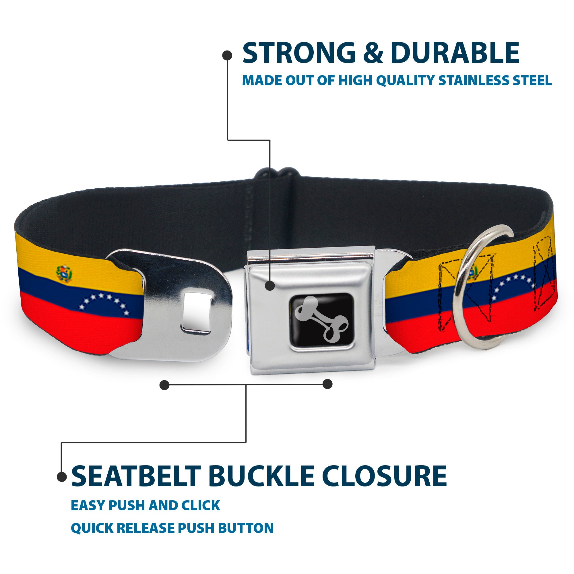 Dog Bone Black/Silver Seatbelt Buckle Collar - Venezuela Flag Continious Repeat Seatbelt Buckle Collars Buckle-Down