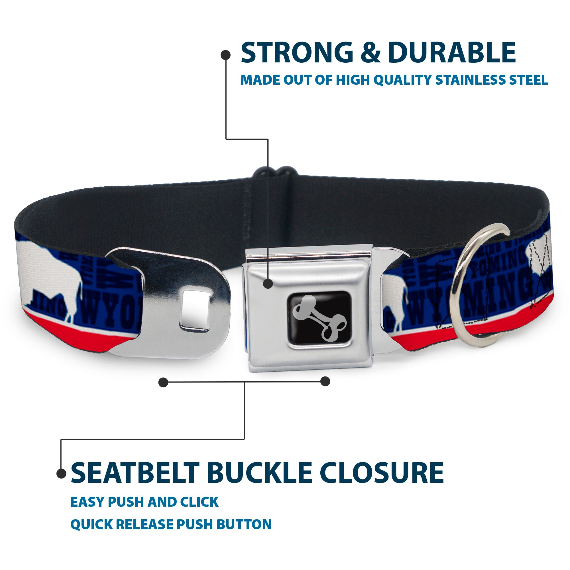 Dog Bone Seatbelt Buckle Collar - Wyoming Flags/WYOMING Typography Seatbelt Buckle Collars Buckle-Down