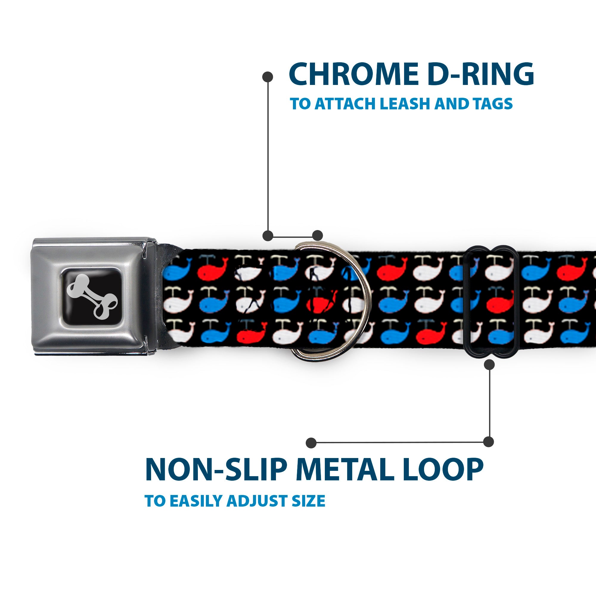 Dog Bone Seatbelt Buckle Collar - Whales Navy/Red/White/Blue Seatbelt Buckle Collars Buckle-Down