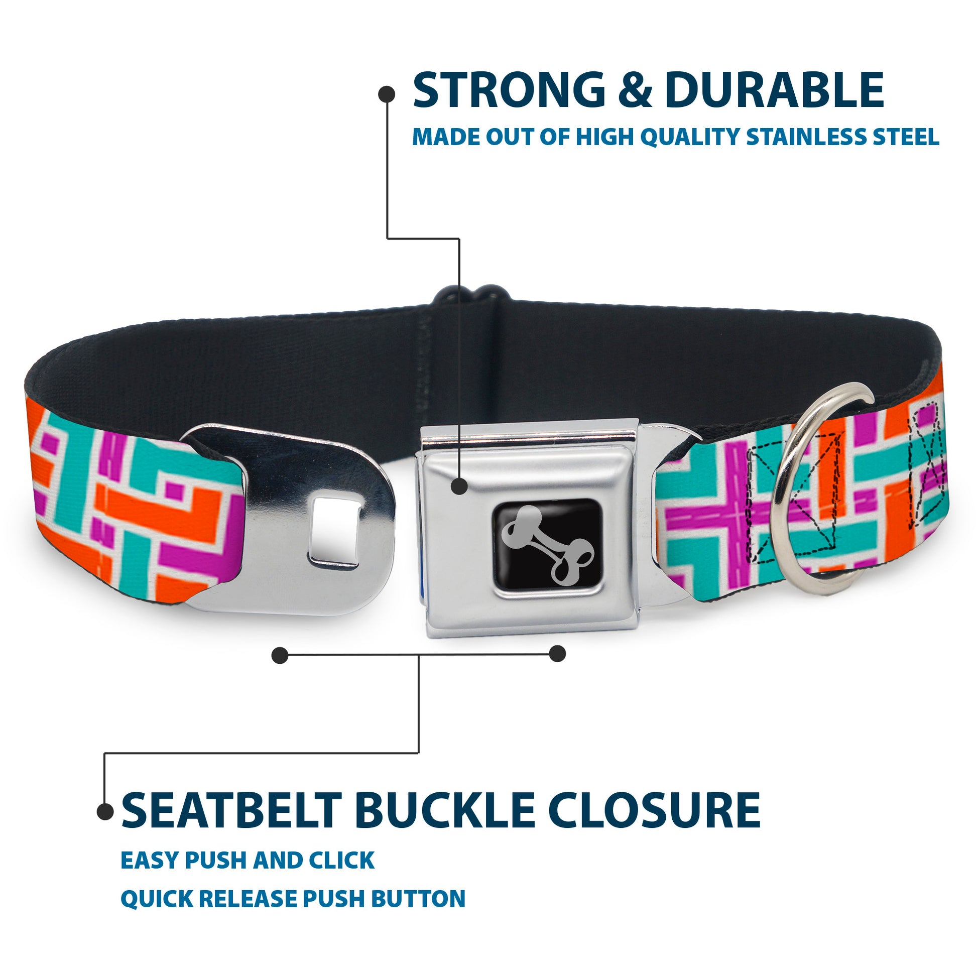 Dog Bone Black/Silver Seatbelt Buckle Collar - Weave CLOSE-UP White/Pink/Orange/Aqua Seatbelt Buckle Collars Buckle-Down