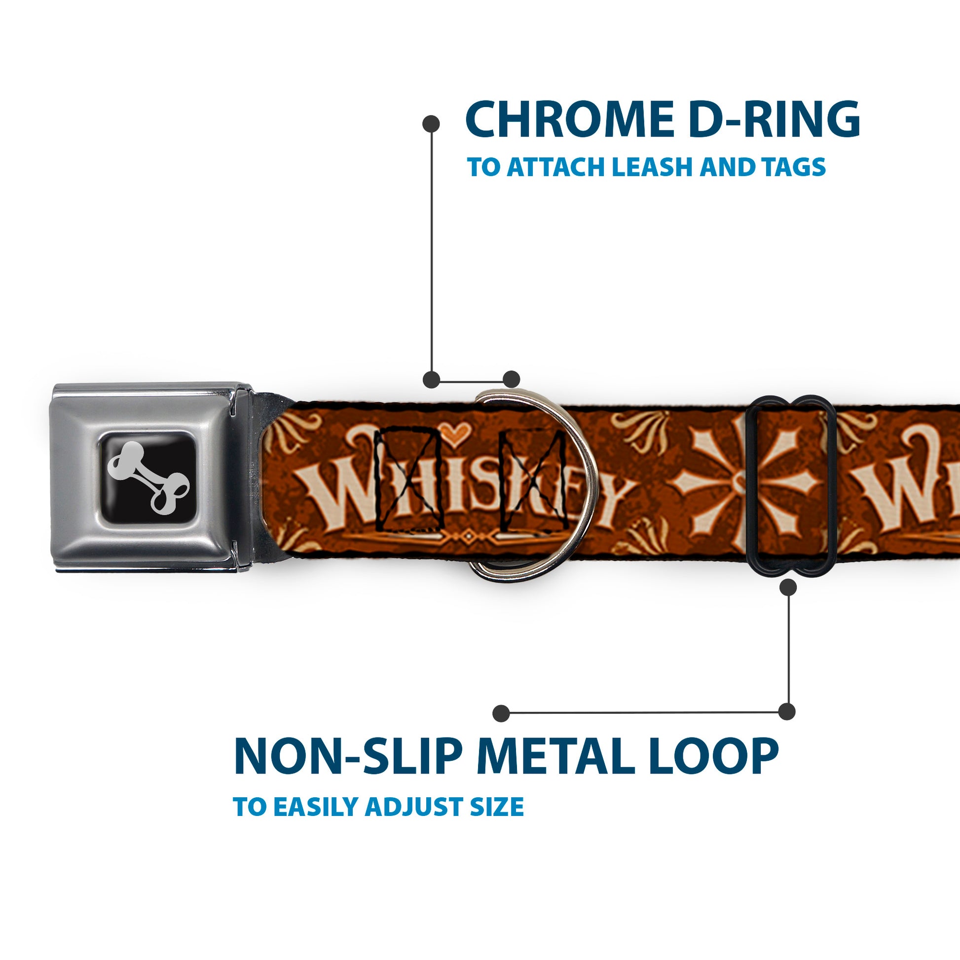 Dog Bone Black/Silver Seatbelt Buckle Collar - Western WHISKEY Heart Repeat Browns/Tan Seatbelt Buckle Collars Buckle-Down