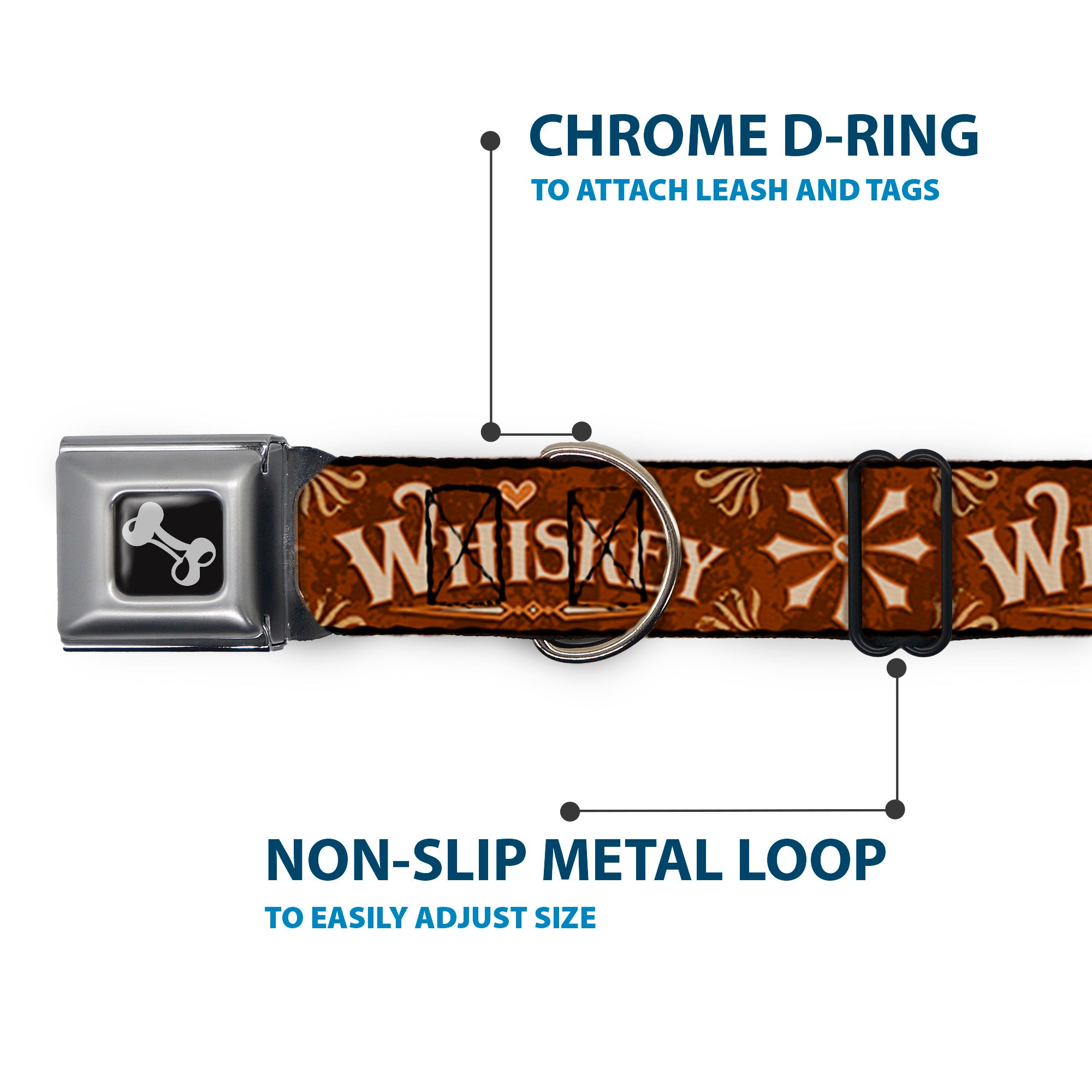 Dog Bone Black/Silver Seatbelt Buckle Collar - Western WHISKEY Heart Repeat Browns/Tan Seatbelt Buckle Collars Buckle-Down