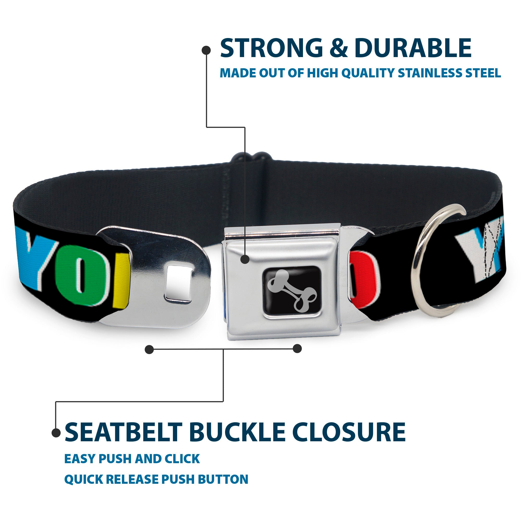 Dog Bone Seatbelt Buckle Collar - YOLO Black/Multi Color Seatbelt Buckle Collars Buckle-Down