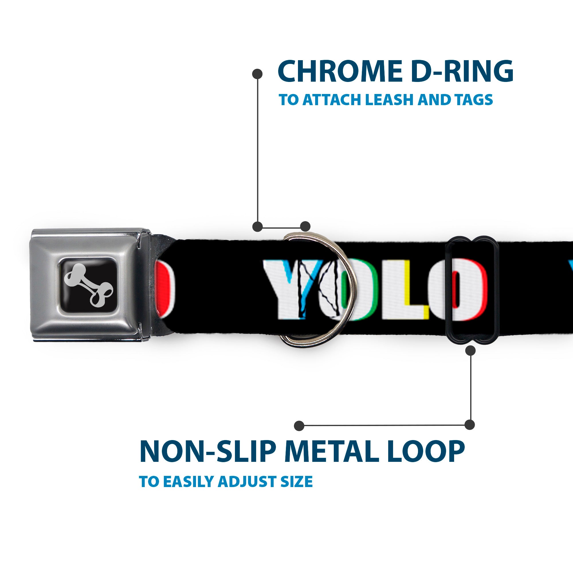 Dog Bone Seatbelt Buckle Collar - YOLO Black/Multi Color Seatbelt Buckle Collars Buckle-Down