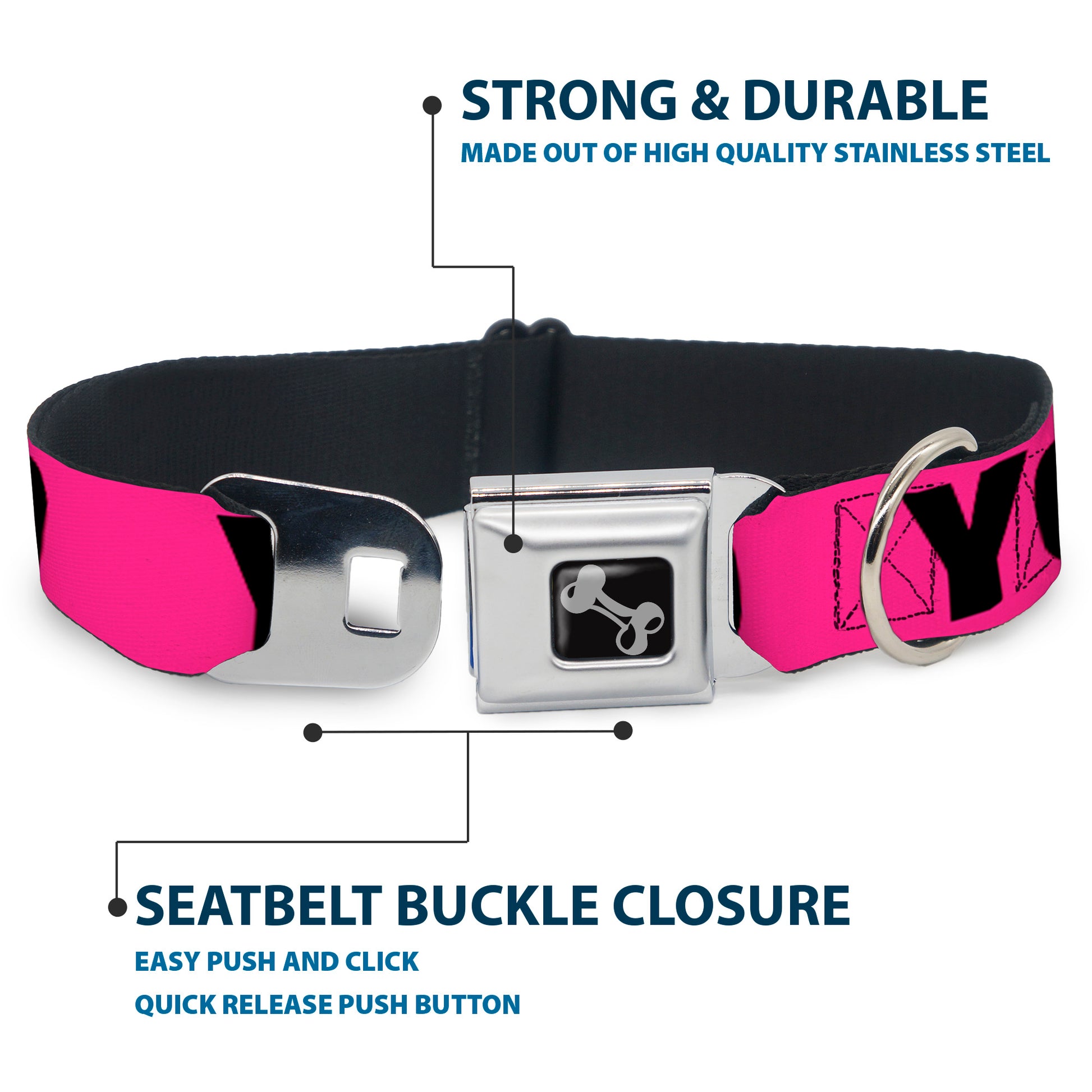 Dog Bone Seatbelt Buckle Collar - YOLO Pink/Black Seatbelt Buckle Collars Buckle-Down