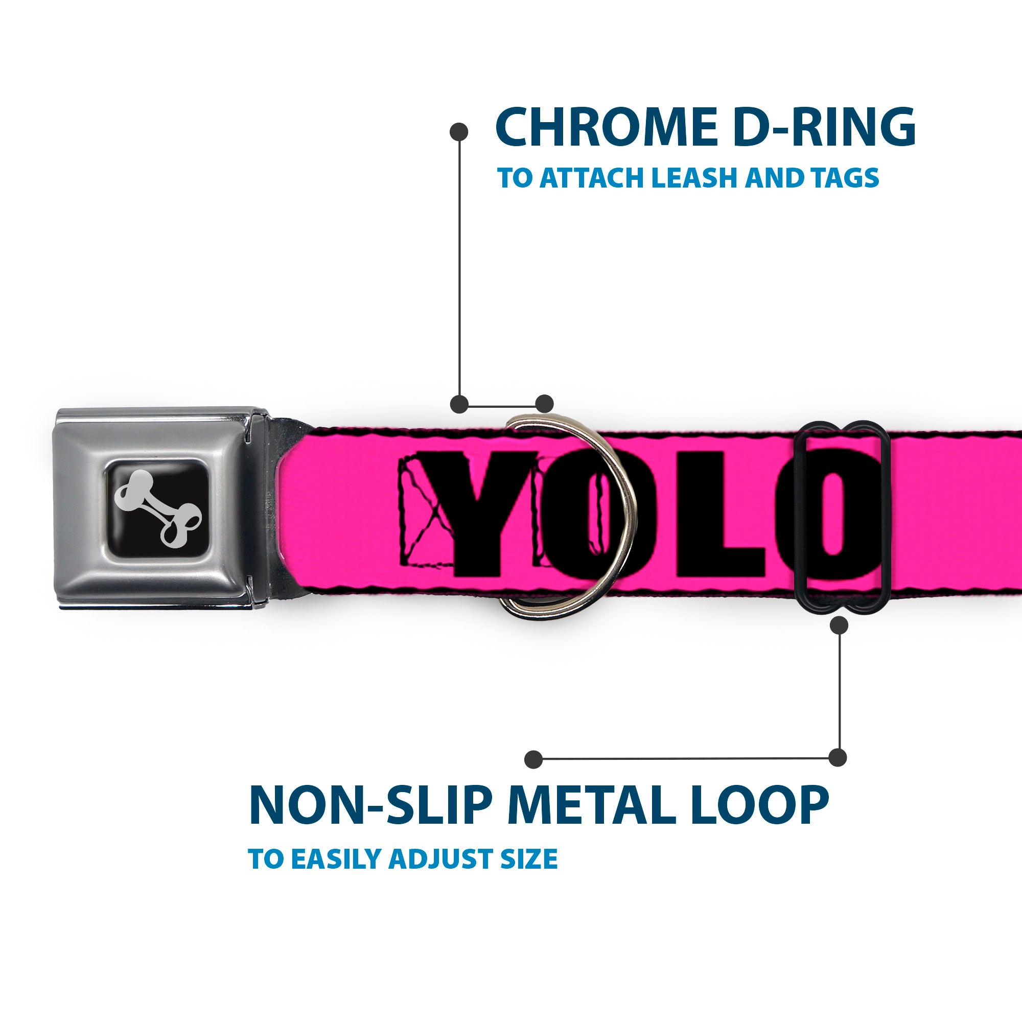 Dog Bone Seatbelt Buckle Collar - YOLO Pink/Black Seatbelt Buckle Collars Buckle-Down