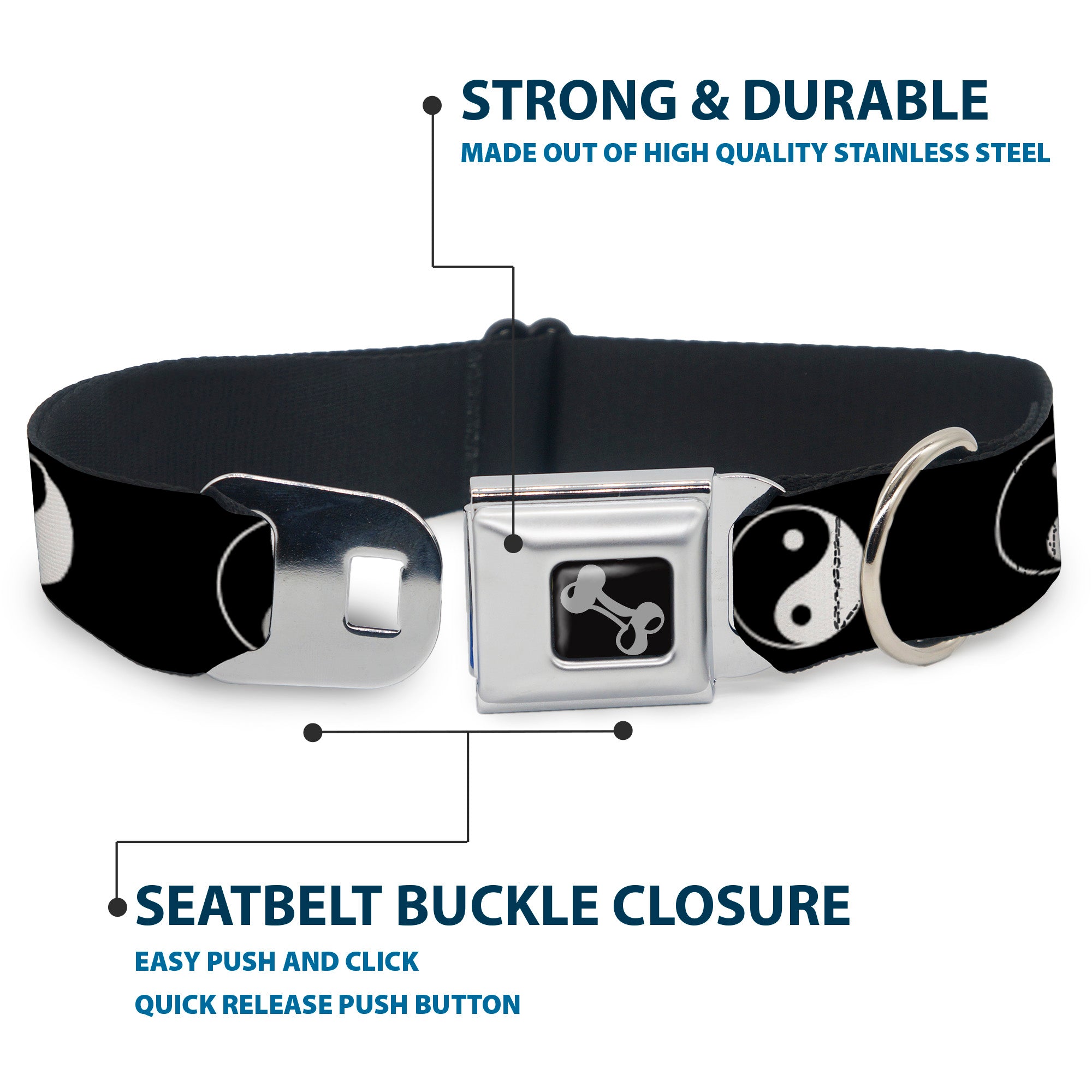 Dog Bone Seatbelt Buckle Collar - Yin Yang Symbol Black/White Seatbelt Buckle Collars Buckle-Down