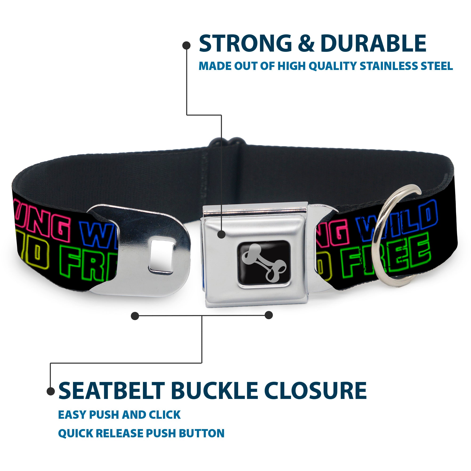 Dog Bone Seatbelt Buckle Collar - YOUNG WILD AND FREE Outline Black/Multi Neon Seatbelt Buckle Collars Buckle-Down