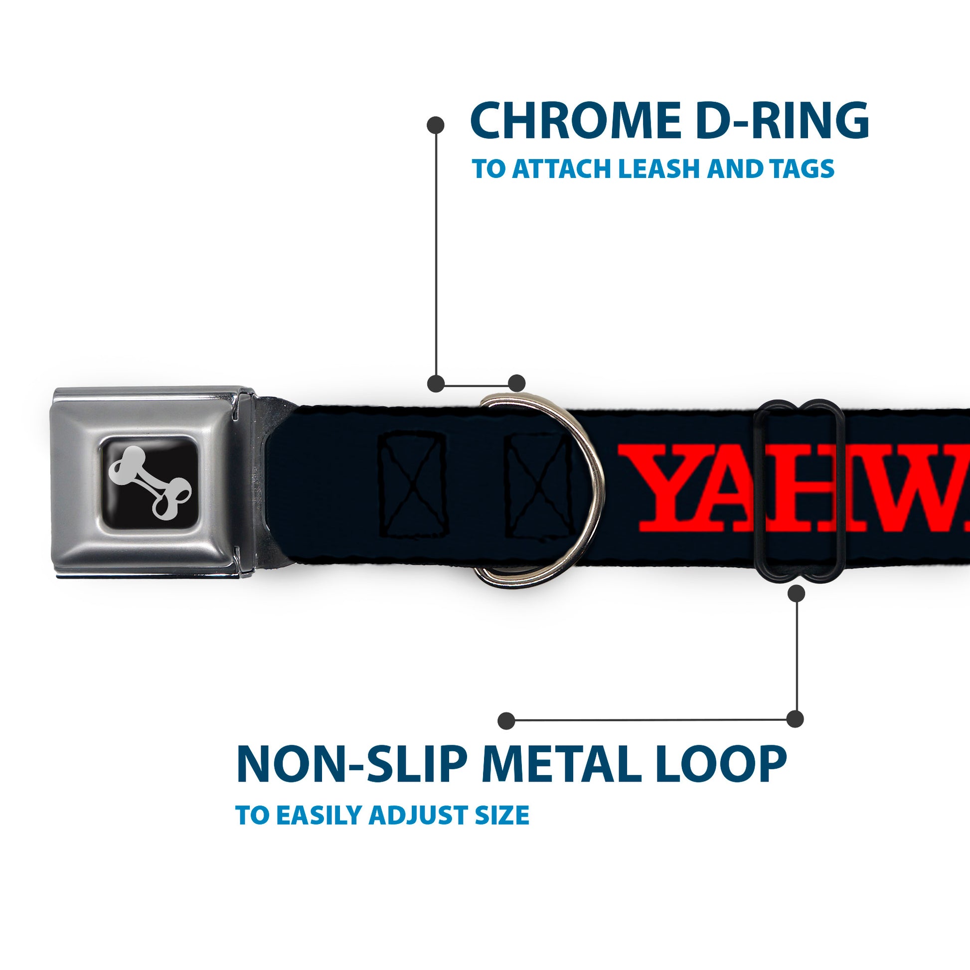 Dog Bone Black/Silver Seatbelt Buckle Collar - YAHWEH Text Navy Blue/Red Seatbelt Buckle Collars Buckle-Down