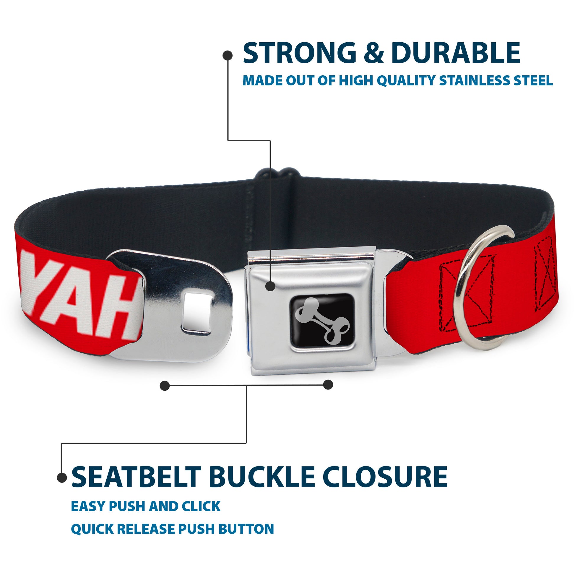 Dog Bone Black/Silver Seatbelt Buckle Collar - YAHWEH Text Red/White Seatbelt Buckle Collars Buckle-Down